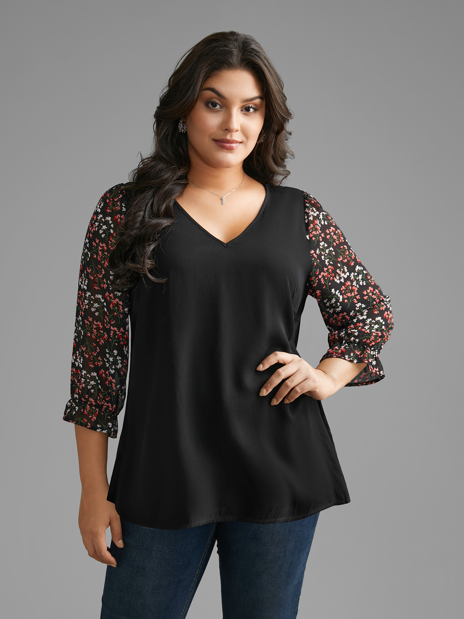 

Plus Size Black V Neck Ditsy Floral Patchwork Blouse Women Elegant Elbow-length sleeve V-neck Everyday Blouses BloomChic