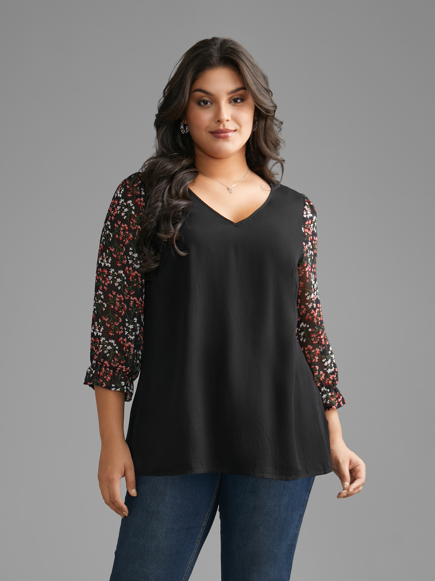 

Plus Size Black V Neck Ditsy Floral Patchwork Blouse Women Elegant Elbow-length sleeve V-neck Everyday Blouses BloomChic