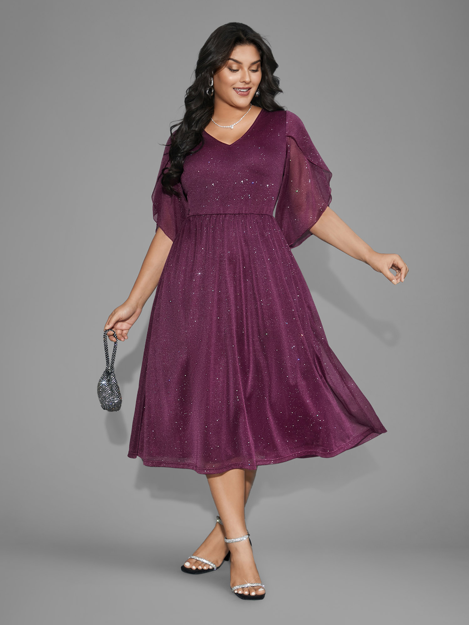 

Plus Size Glitter Mesh Petal Sleeve Midi Dress Deeppurplered Women Cocktail Texture Party Curvy Bloomchic