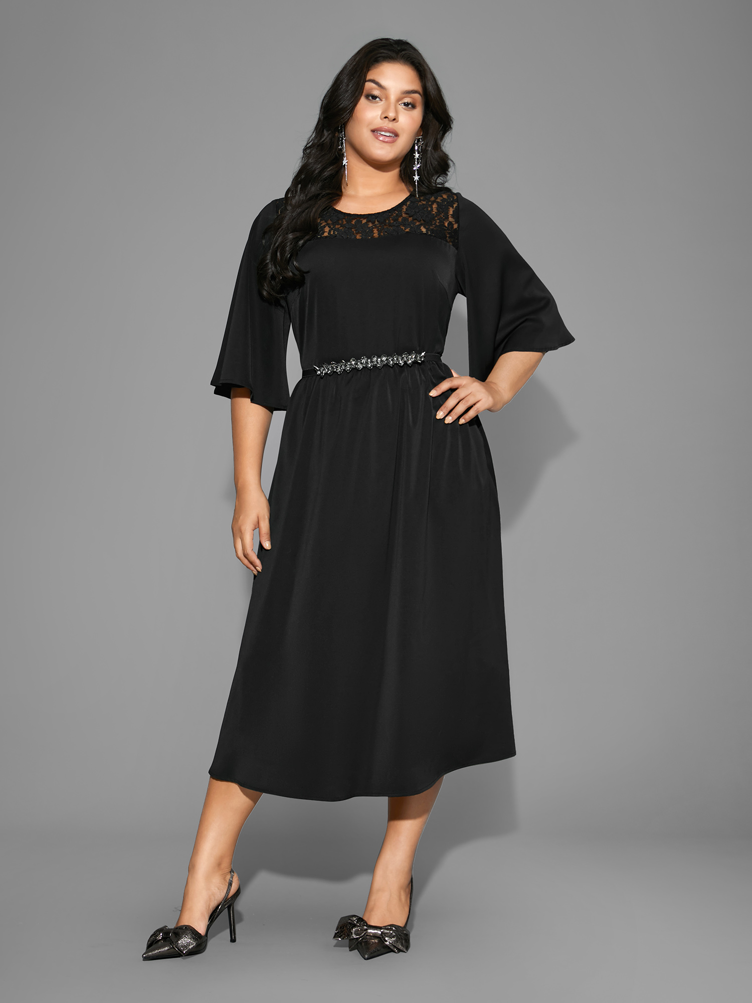 

Plus Size Lace Panel Elastic Waist Ruffle Sleeve Dress Black Women Cocktail Woven ribbon&lace trim Party Curvy Bloomchic