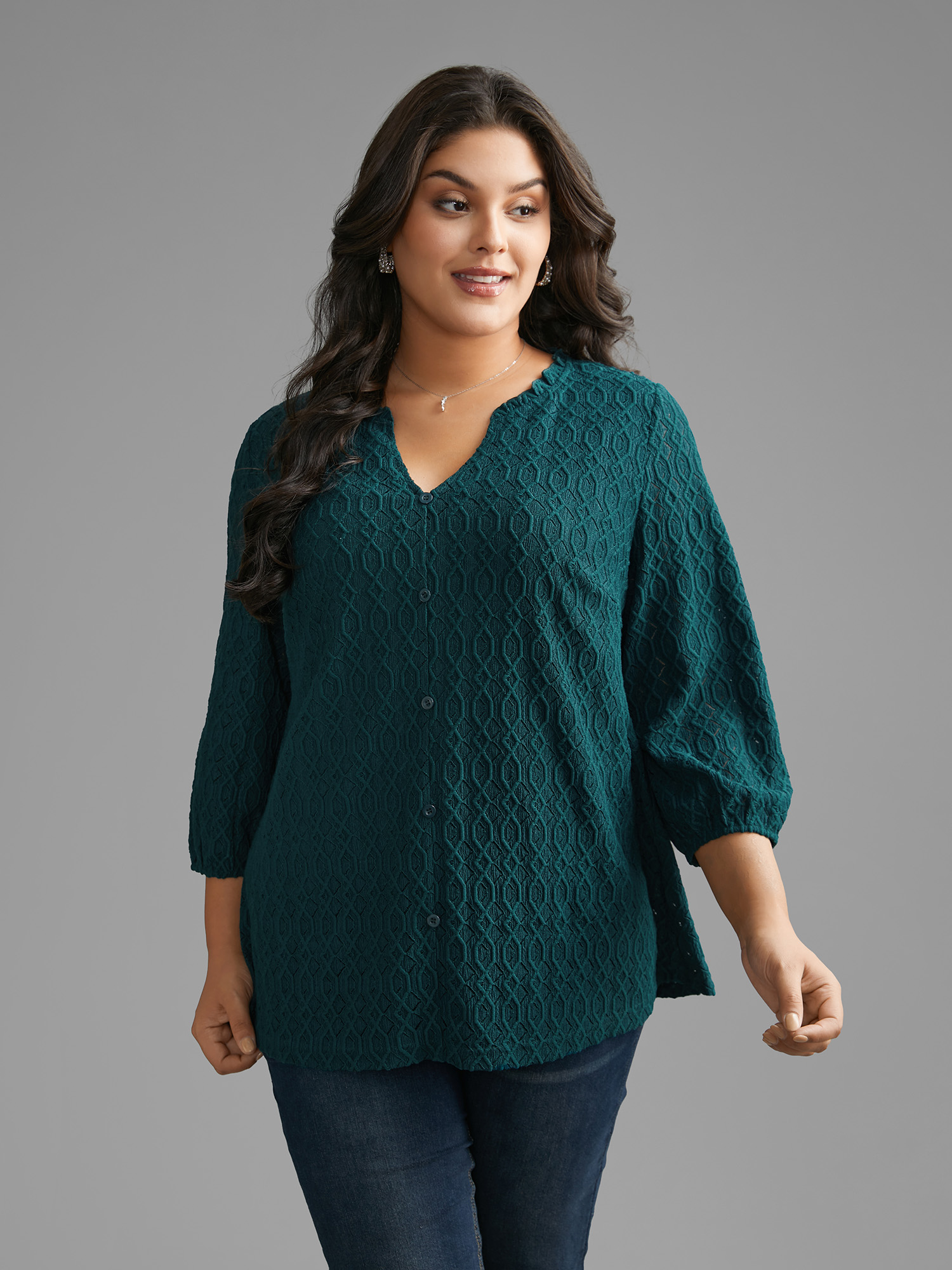 

Plus Size Notched Collar Textured Button Detail Jersey Top Cyan Notched collar Elbow-length sleeve Elegant Jersey Tops