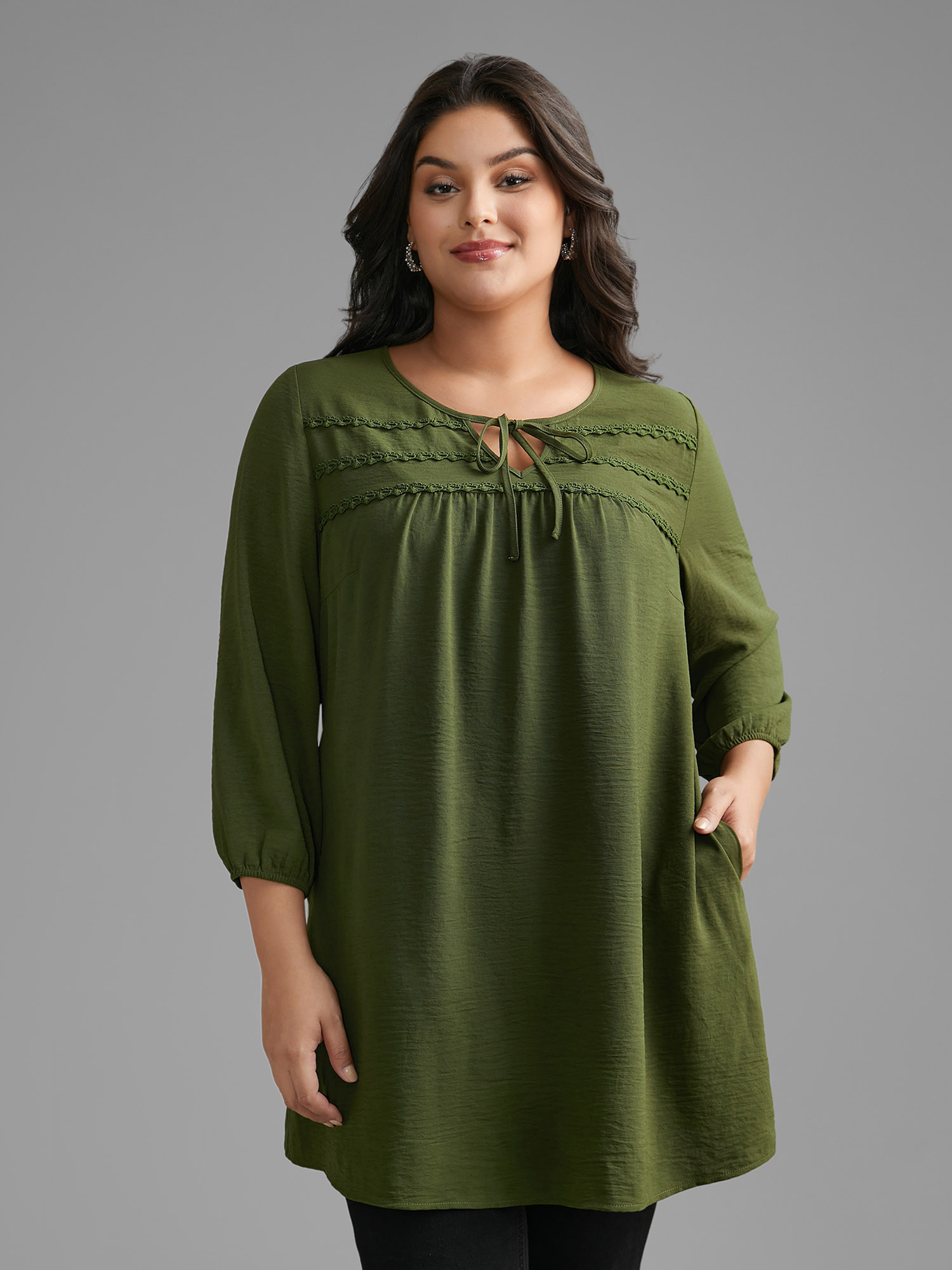 

Plus Size ArmyGreen Woven Ribbon Tie Knot Gathered Blouse Women Elegant Elbow-length sleeve V-neck Everyday Blouses BloomChic