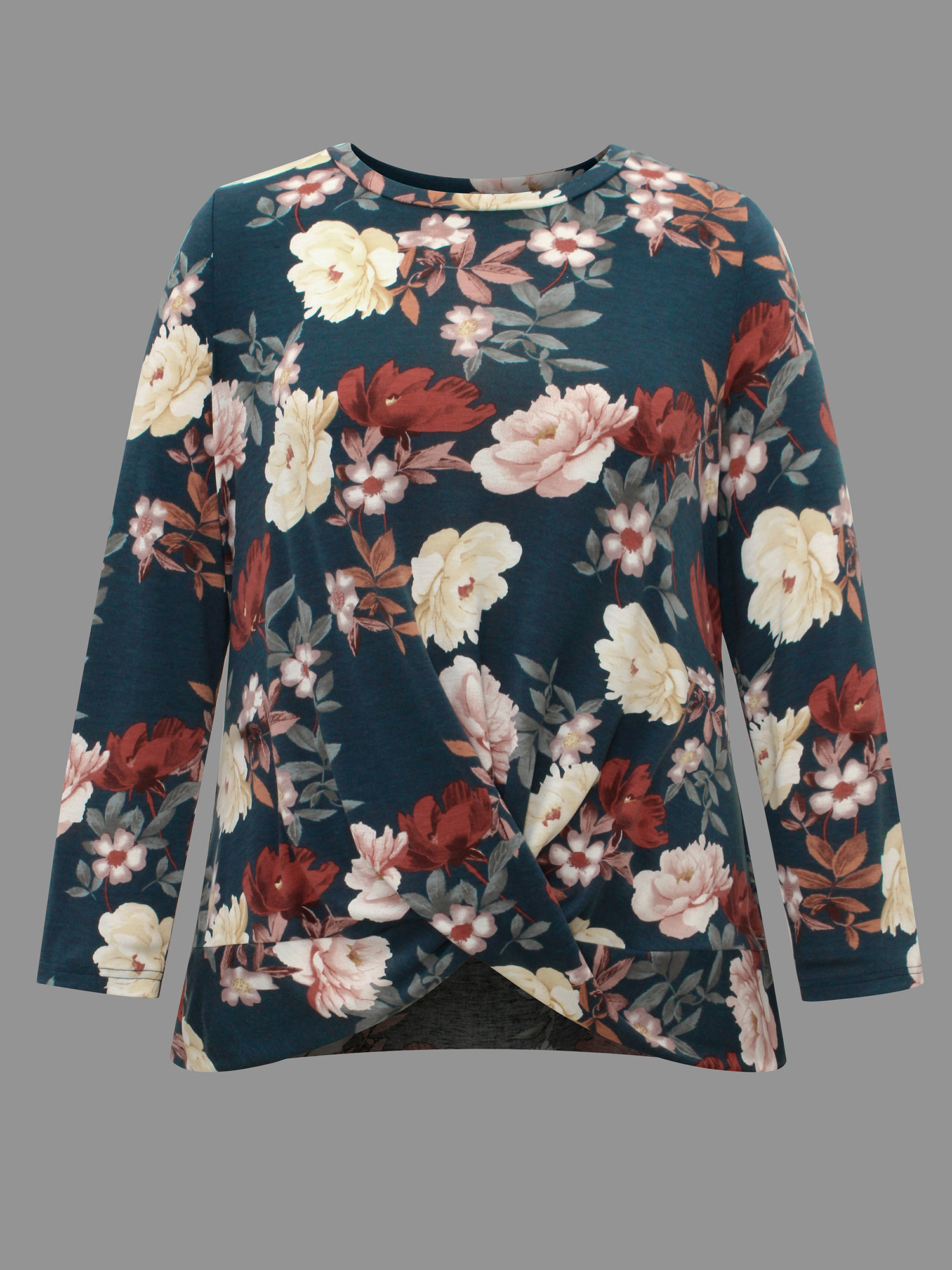 Plus Size Floral Crew Neck Twist Front T-shirt Multicolor Women Elegant Twist Natural Flowers Round Neck Everyday T-shirts BloomChic 22-24/3X 
