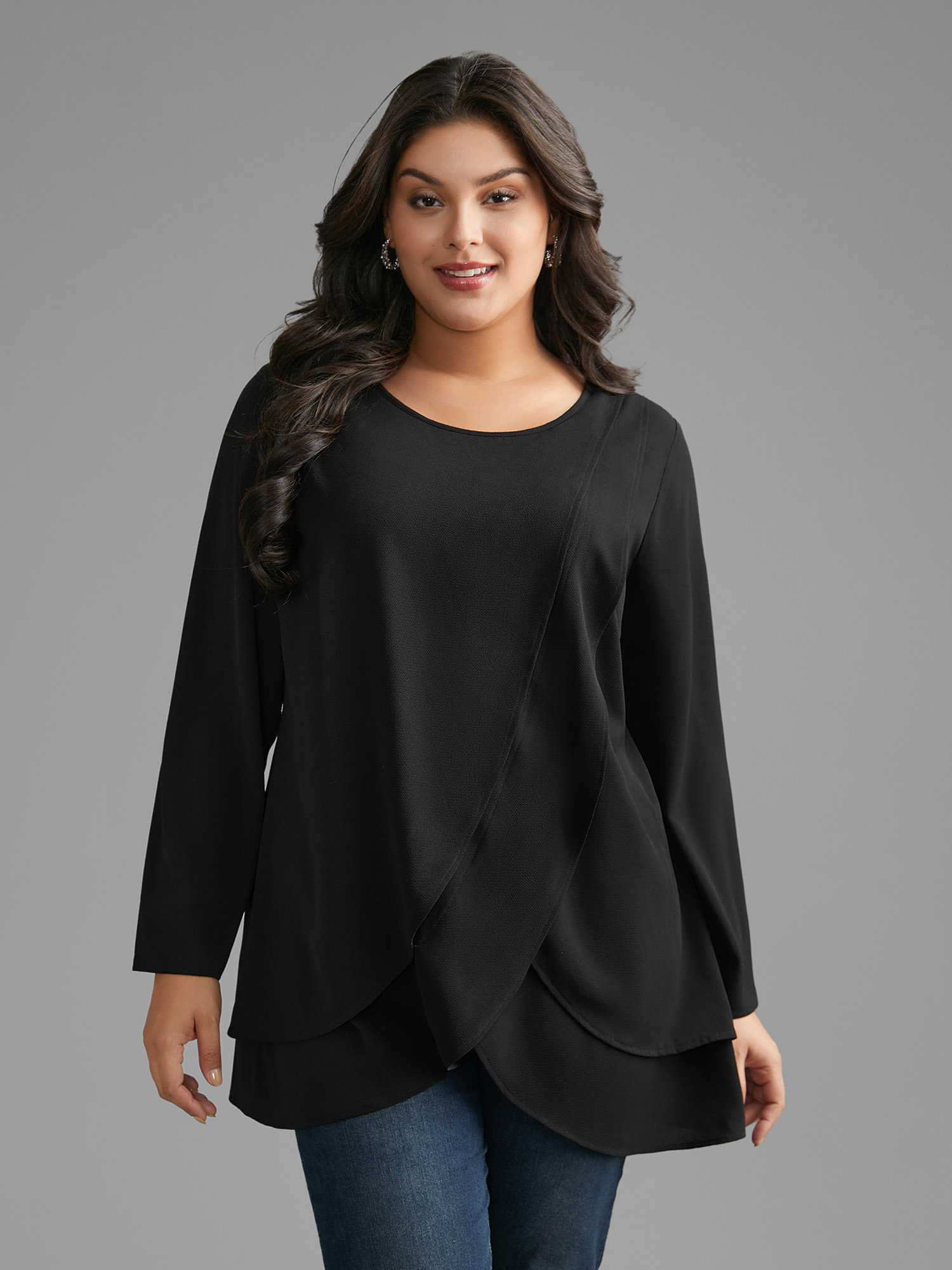 

Plus Size Black Crew Neck Wrap Tiered Ruffles Blouse Women Elegant Long Sleeve Round Neck Everyday Blouses BloomChic