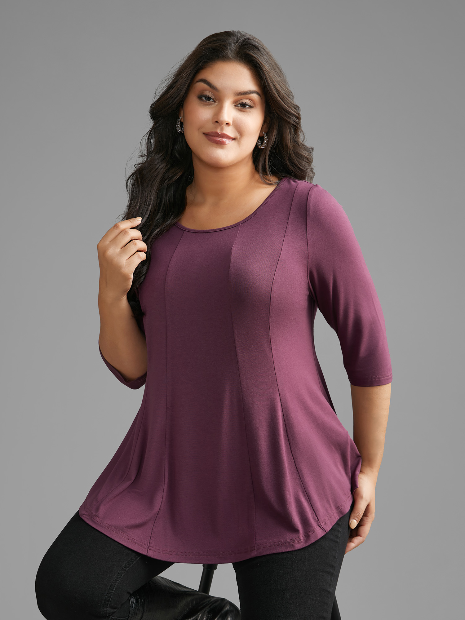 

Plus Size Supersoft Essentials Round Neck Stretchy T-shirt Eggplant Women Elegant Non Round Neck Everyday T-shirts BloomChic