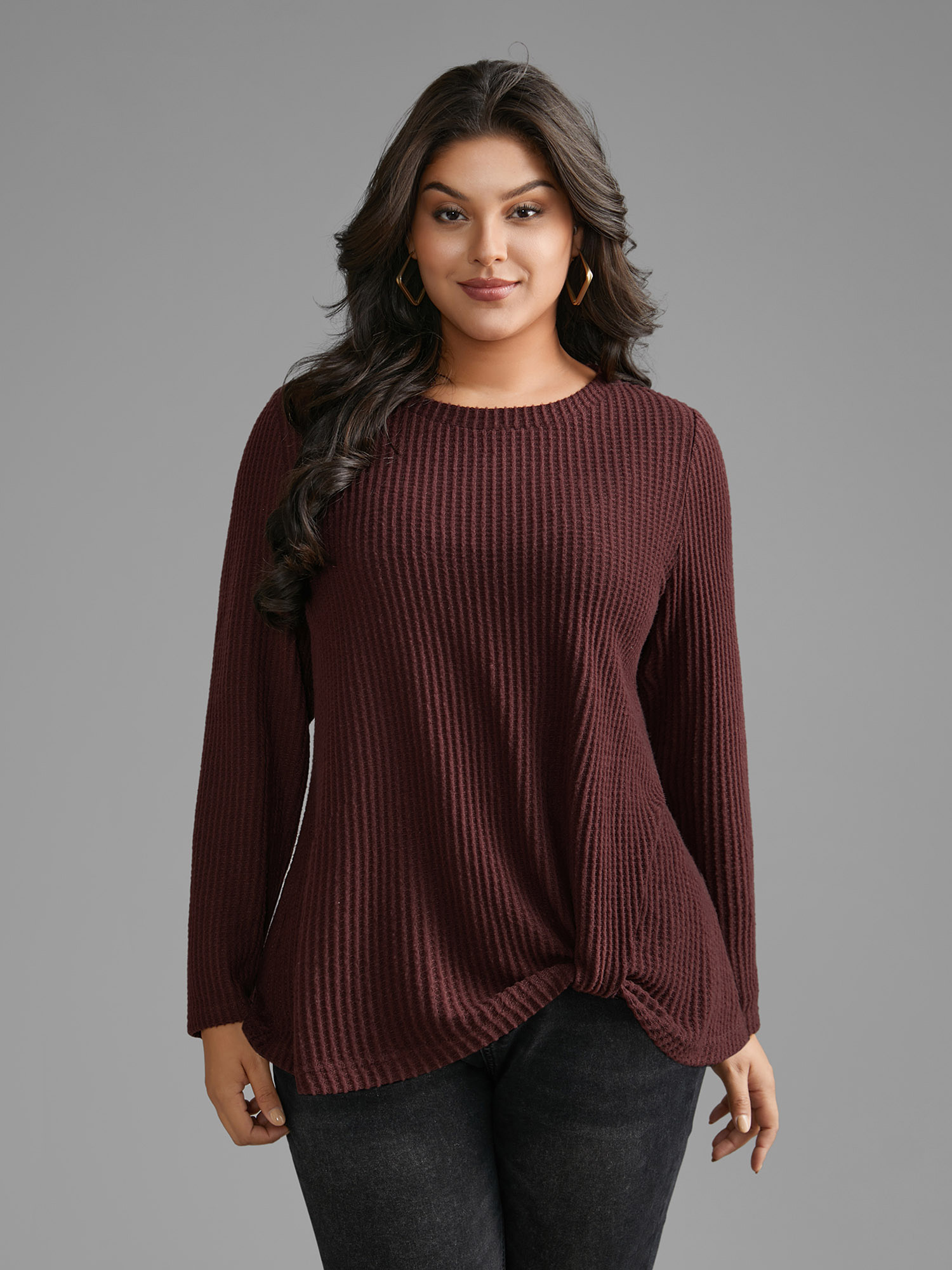 

Plus Size Round Neck Waffle Knit Twist Front T-shirt Deepred Women Casual Twist Round Neck Everyday T-shirts BloomChic