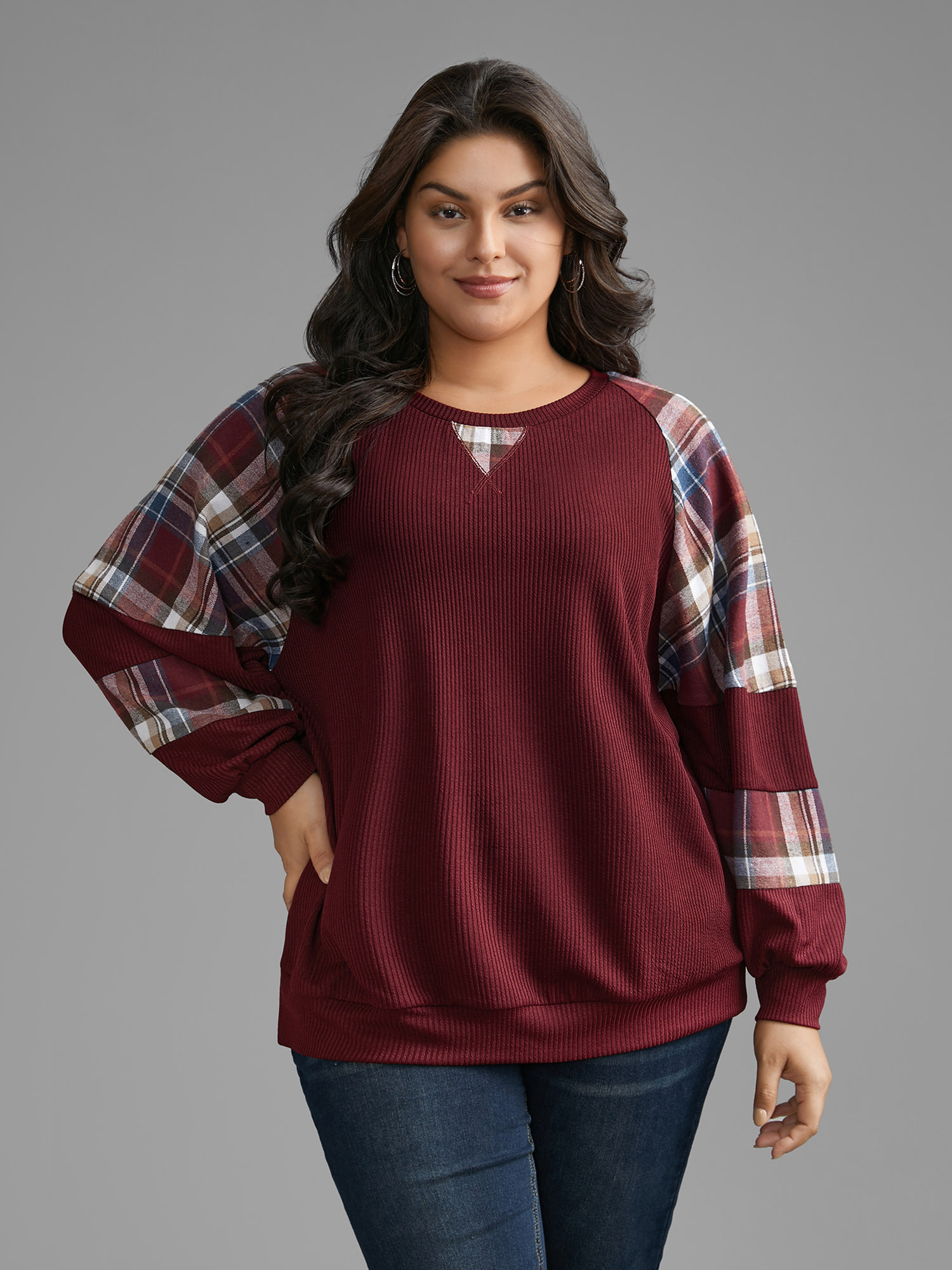 

Plus Size Plaid Patchwork Raglan Sleeve Sweatshirt Women Burgundy Casual Texture Round Neck Everyday Sweatshirts BloomChic