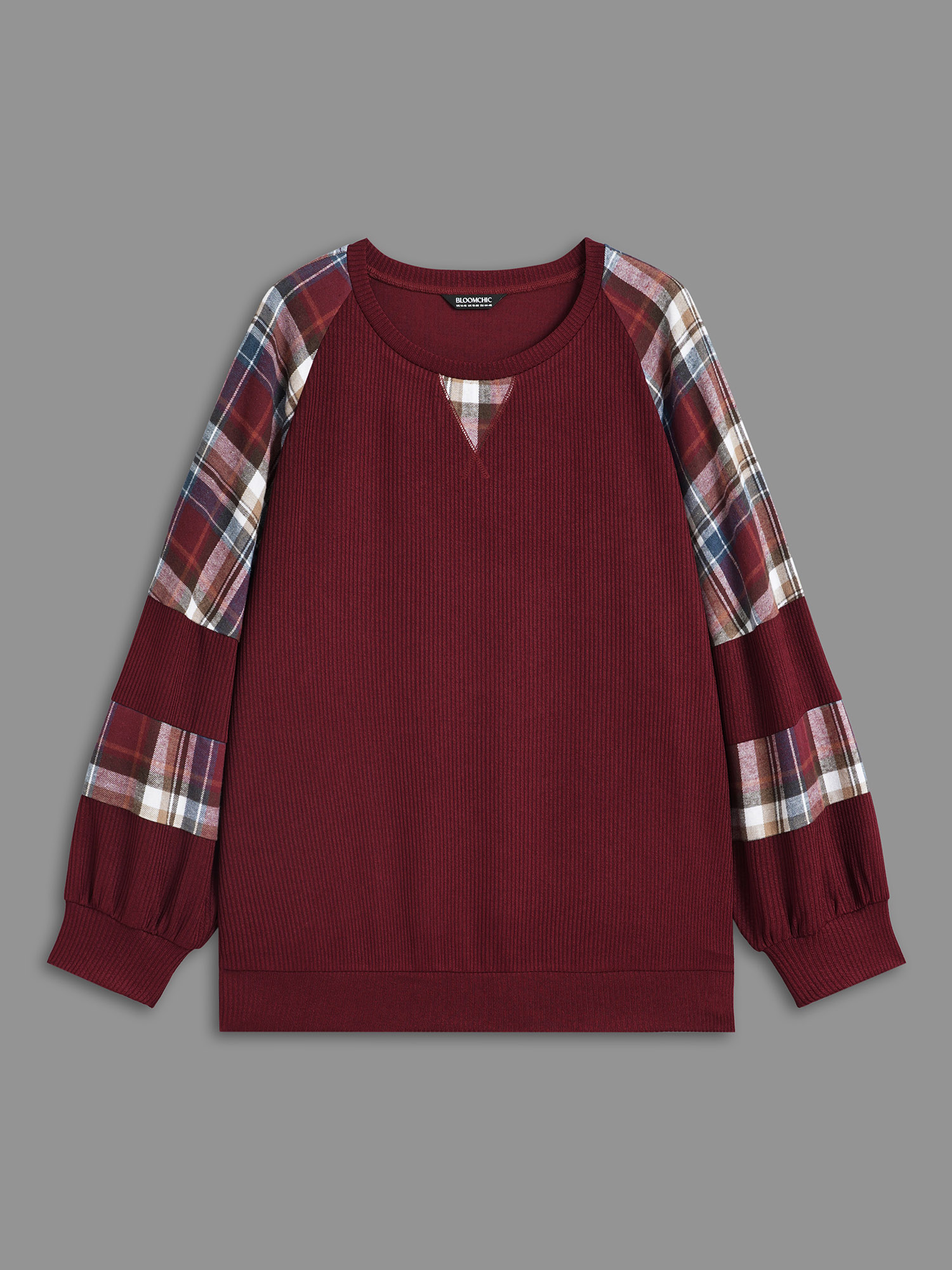 

Plus Size Plaid Patchwork Raglan Sleeve Sweatshirt Women Burgundy Casual Texture Round Neck Everyday Sweatshirts BloomChic