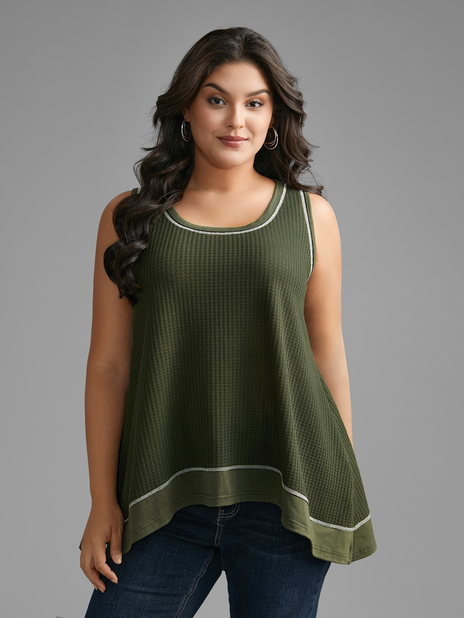 

Plus Size Waffle Knit Patchwork Topstitching Tank Top Women ArmyGreen Casual Topstitching Round Neck Everyday Tank Tops Camis BloomChic