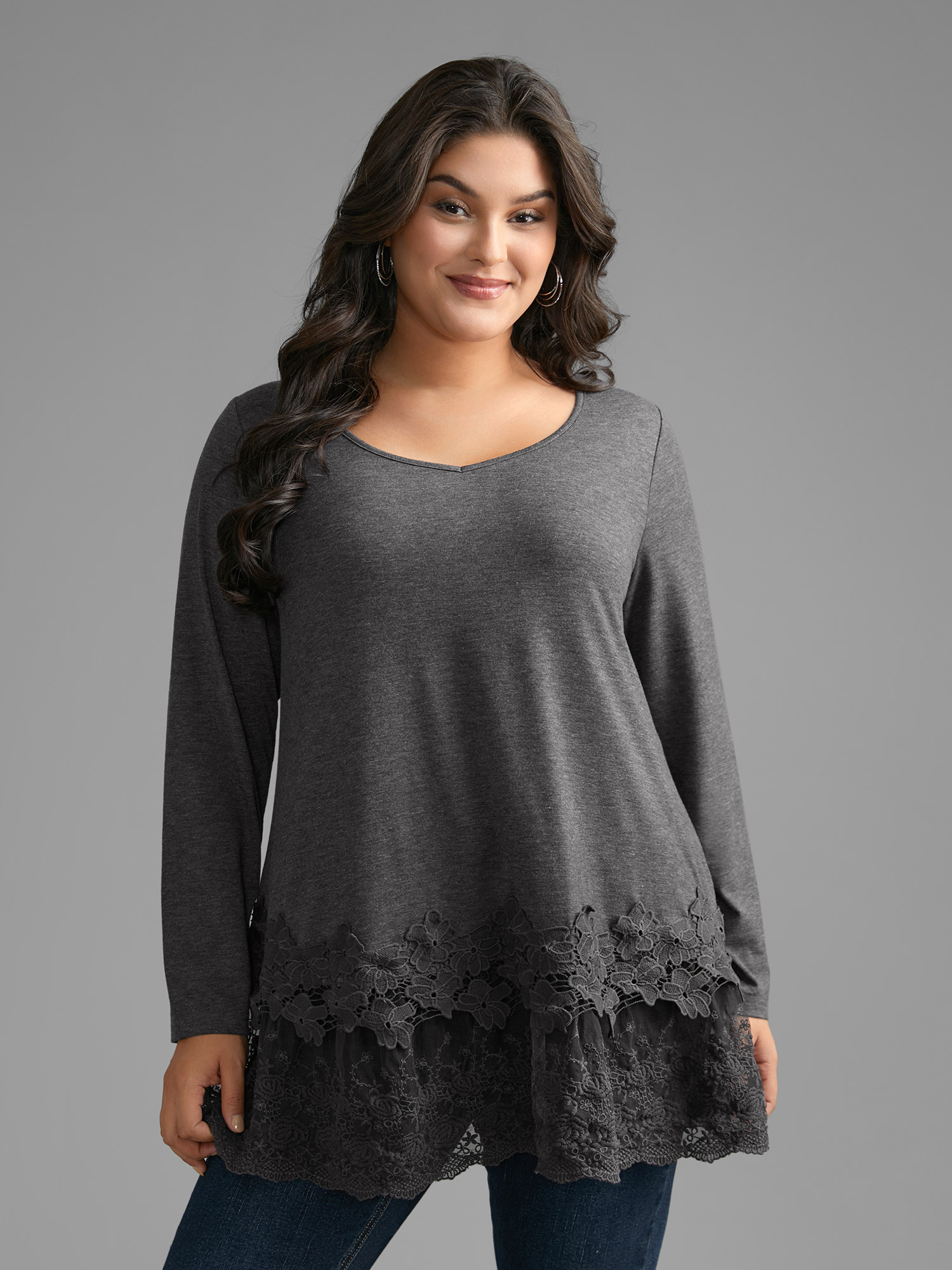 

Plus Size V Neck Lace Panel Jersey Top DimGray V-neck Extra Long Sleeve Casual Jersey Tops