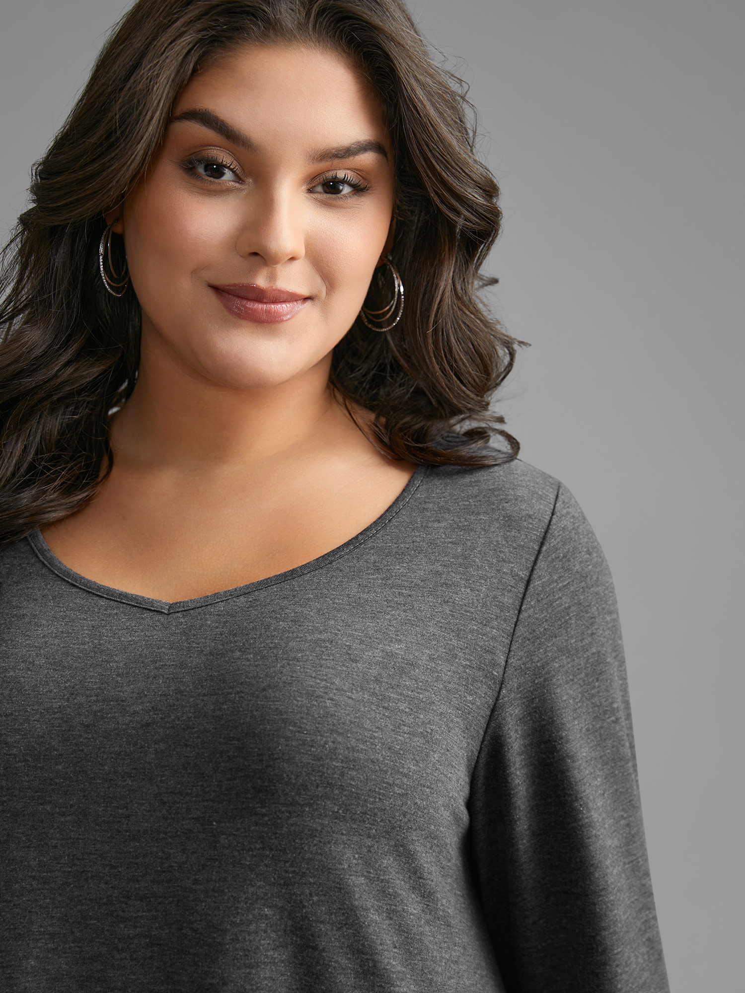 

Plus Size V Neck Lace Panel Jersey Top DimGray V-neck Extra Long Sleeve Casual Jersey Tops