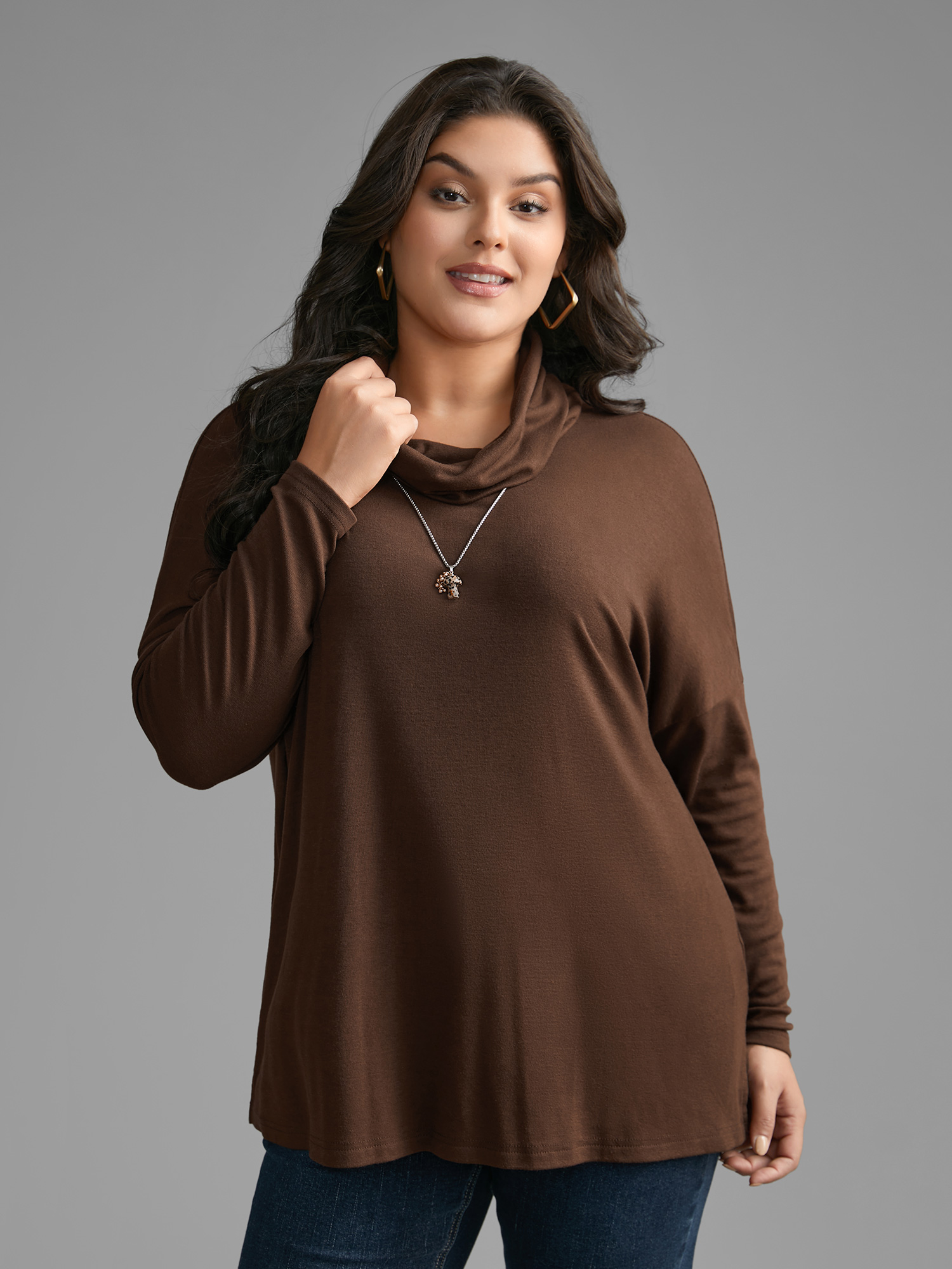 

Plus Size Turtleneck Dolman Sleeve Split Hem T-shirt Browncoffeecolor Women Casual Slit Ruffled collar Loose Everyday T-shirts BloomChic