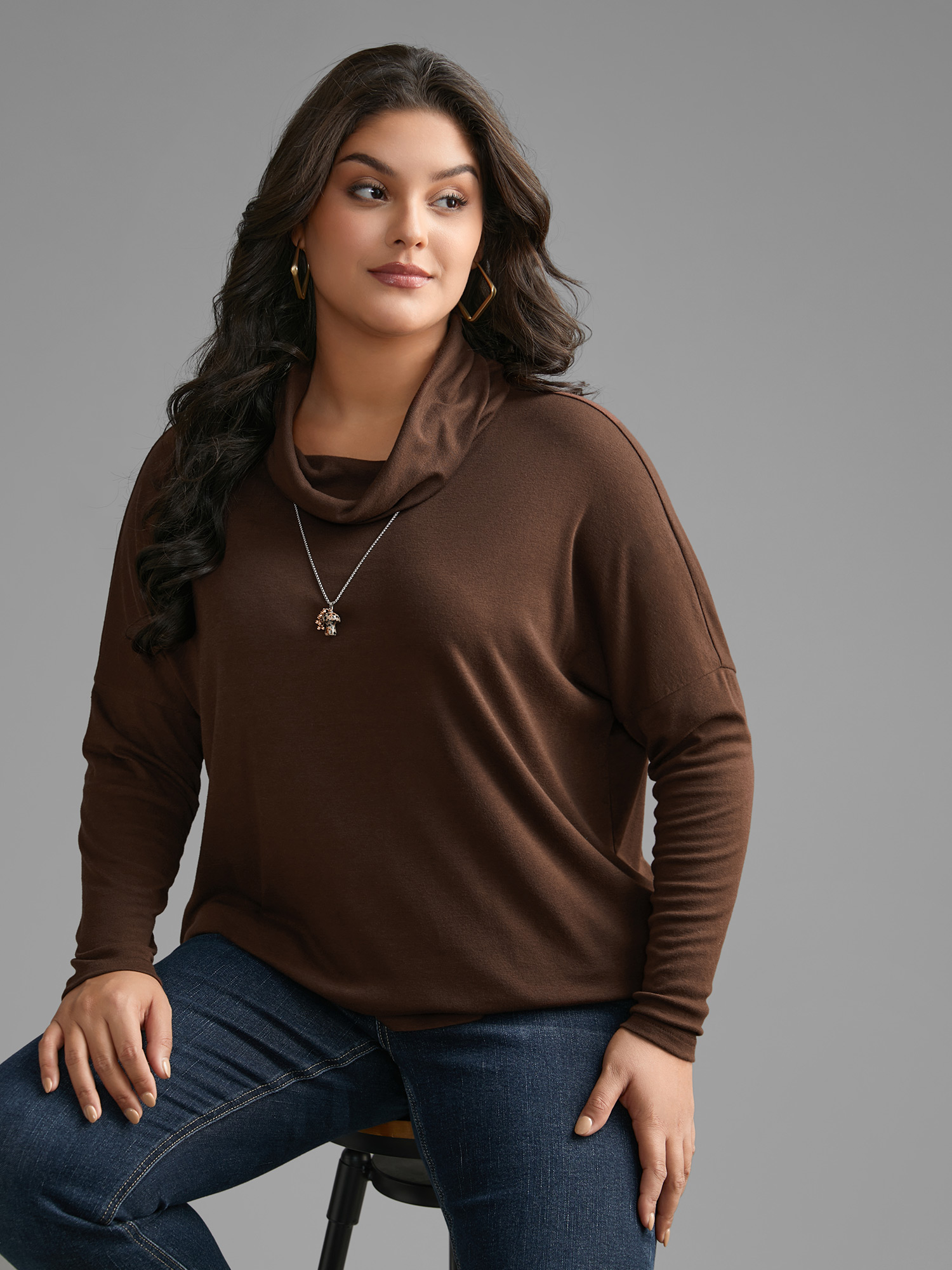 

Plus Size Turtleneck Dolman Sleeve Split Hem T-shirt Browncoffeecolor Women Casual Slit Ruffled collar Loose Everyday T-shirts BloomChic