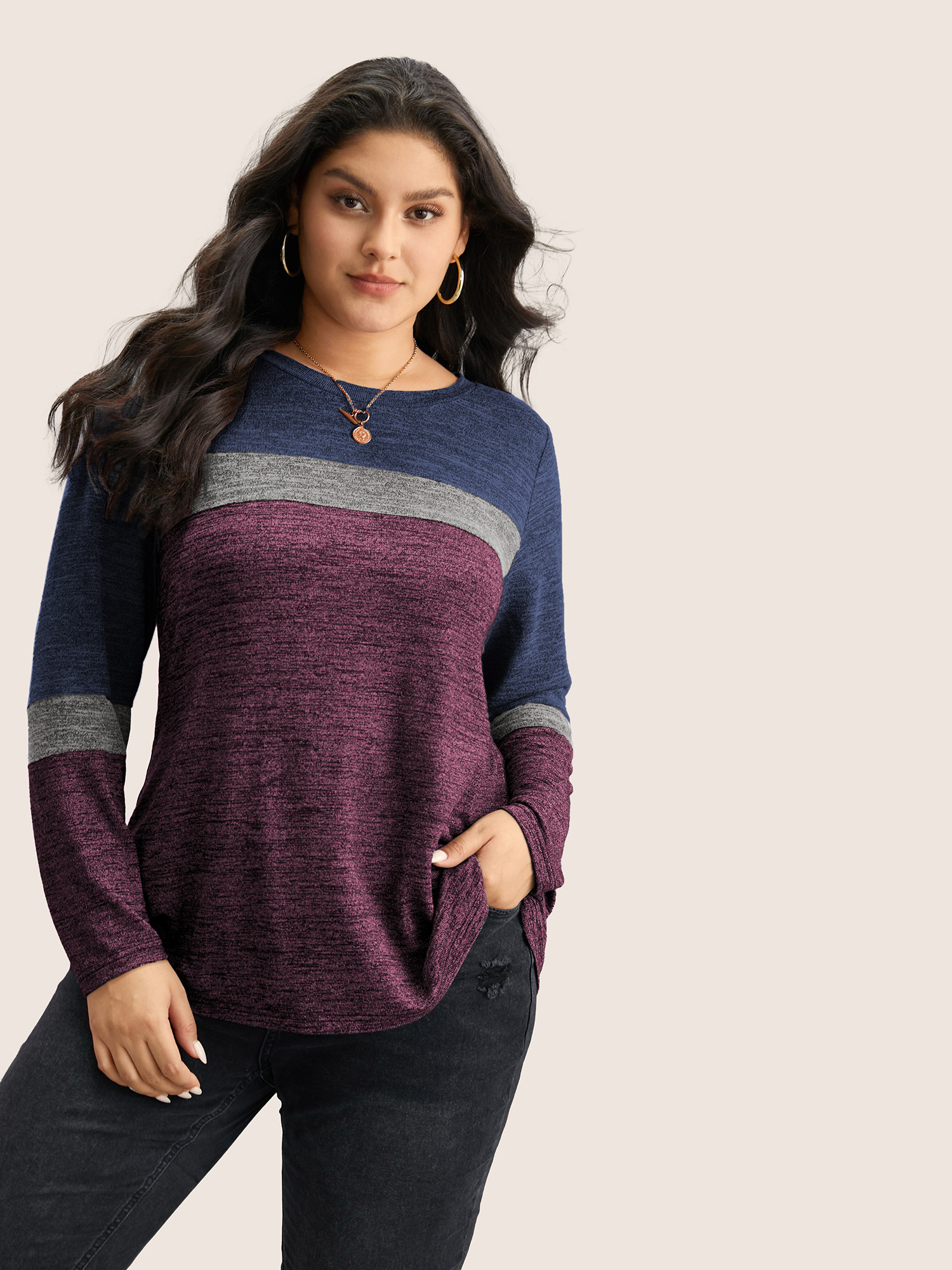 

Plus Size Heather Colorblock Contrast Crew Neck T-shirt Deeppurplered Women Casual Texture Plain Round Neck Everyday T-shirts BloomChic