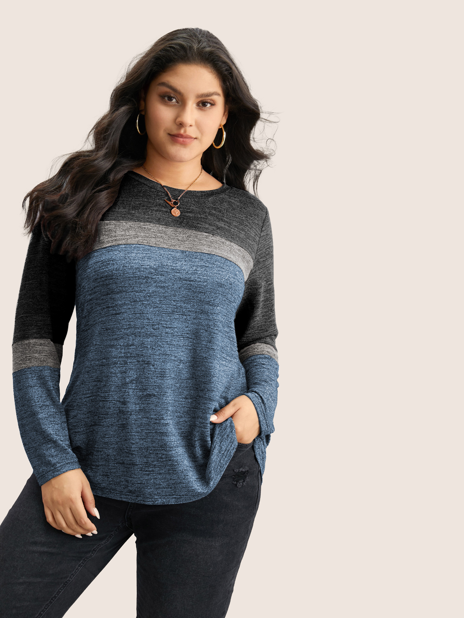 

Plus Size Heather Colorblock Contrast Crew Neck T-shirt DarkBlue Women Casual Texture Plain Round Neck Everyday T-shirts BloomChic