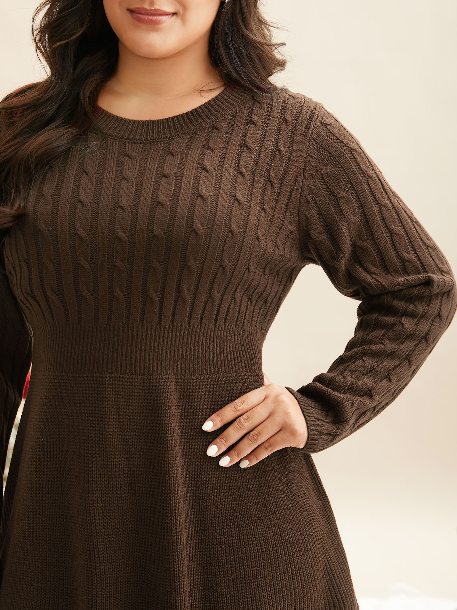 Plus Size Cable Knit Fit-and-Flare Midi Sweater Dress Browncoffeecolor Women Elegant Bodycon Long Sleeve Everyday Sweater Dresses BloomChic 14-16/1X 