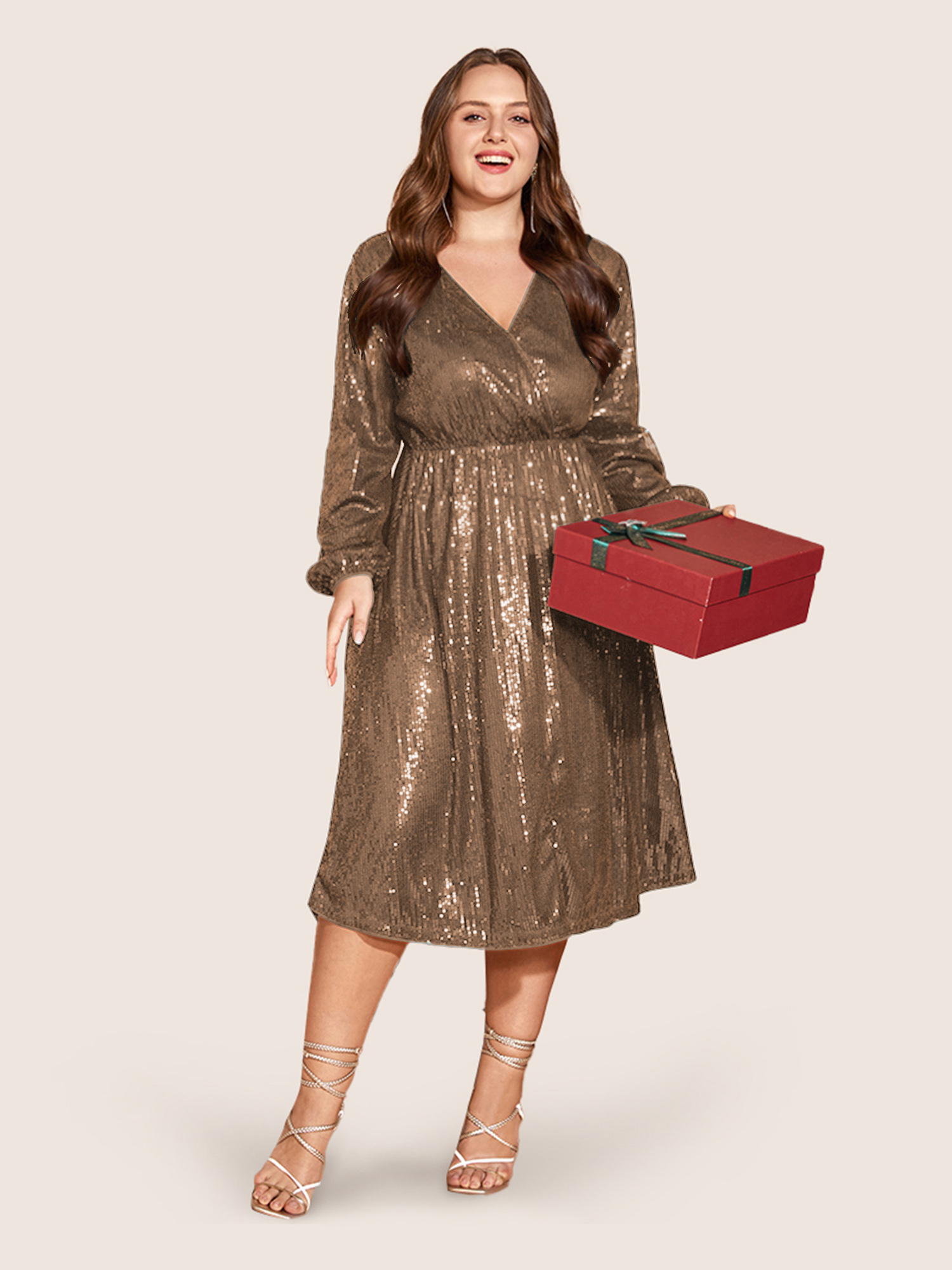 Plus Size Solid Pocket Lantern Sleeve Wrap Sequin Dress Bronze Women Party Pocket Overlap Collar Long Sleeve Curvy Midi Dress BloomChic 30/6X 