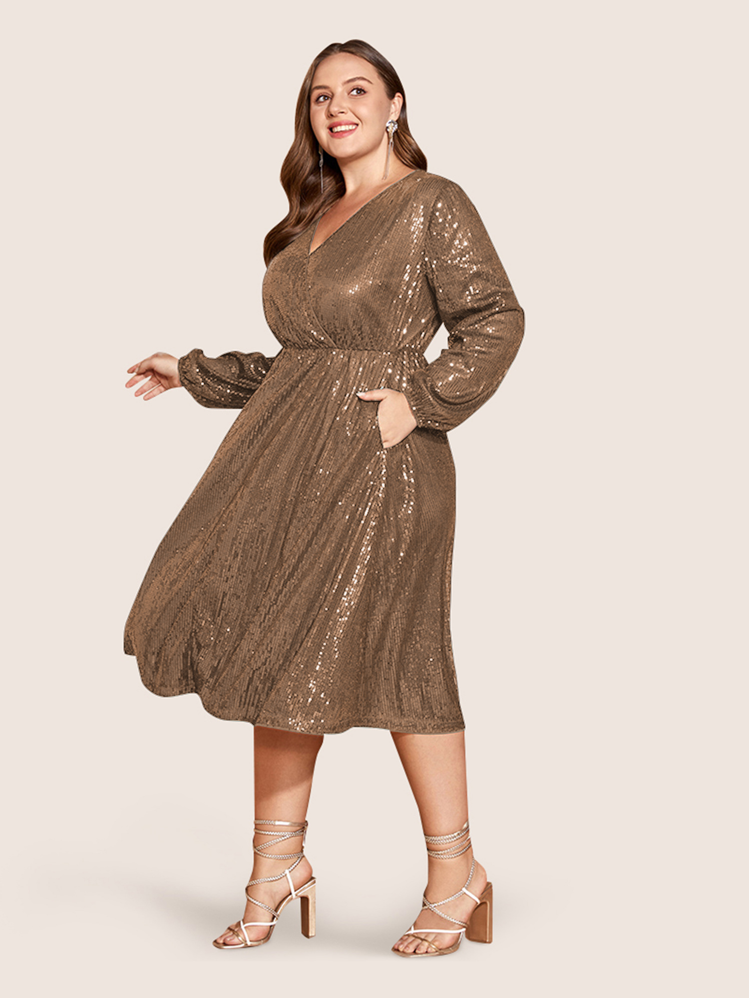 Plus Size Solid Pocket Lantern Sleeve Wrap Sequin Dress Bronze Women Party Pocket Overlap Collar Long Sleeve Curvy Midi Dress BloomChic 30/6X 