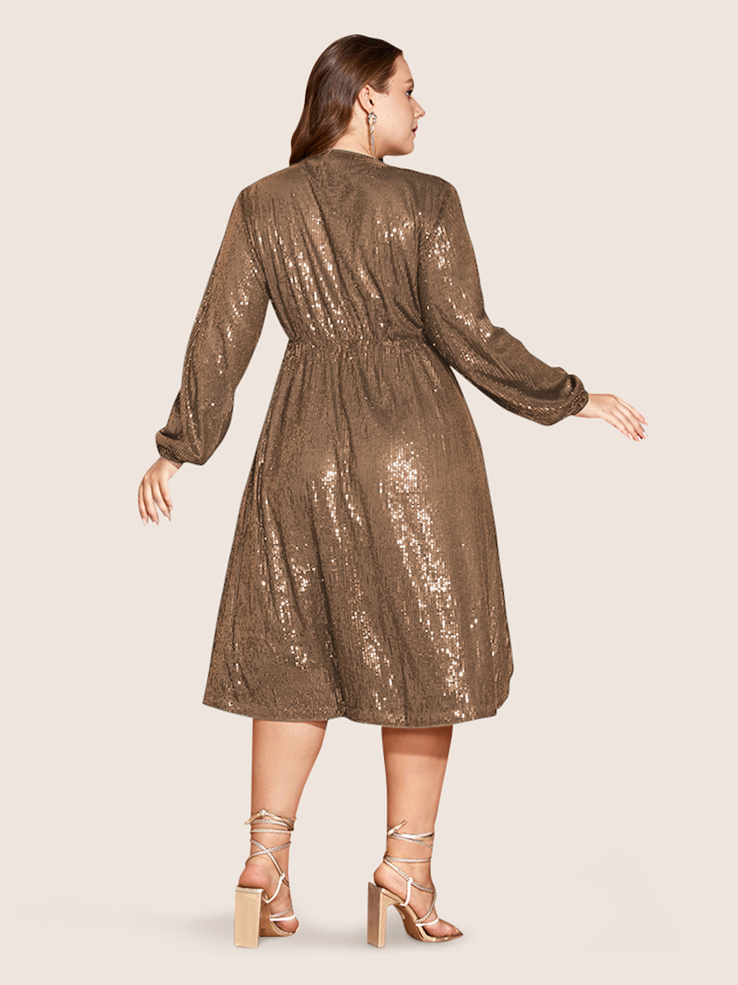 

Plus Size Solid Pocket Lantern Sleeve Wrap Sequin Dress Bronze Women Party Pocket Overlap Collar Long Sleeve Curvy Midi Dress BloomChic