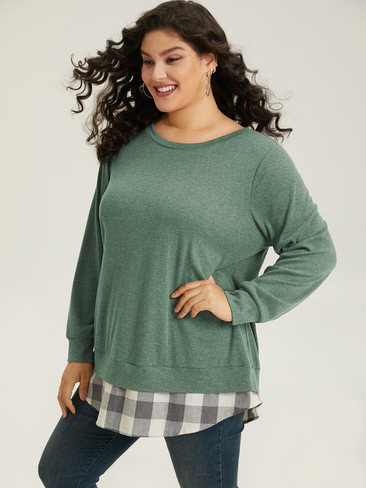 

Plus Size Heather Plaid Patchwork Crew Neck T-shirt Green Women Casual Heather Plaid Round Neck Everyday T-shirts BloomChic