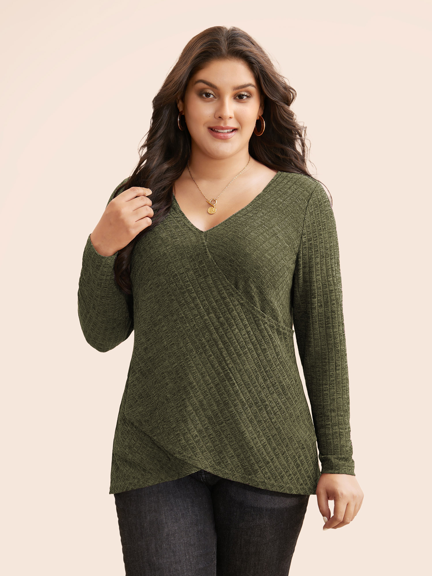 

Plus Size Solid Rib Knit Wrap Jersey Top ArmyGreen Overlap Collar Extra Long Sleeve Casual Jersey Tops