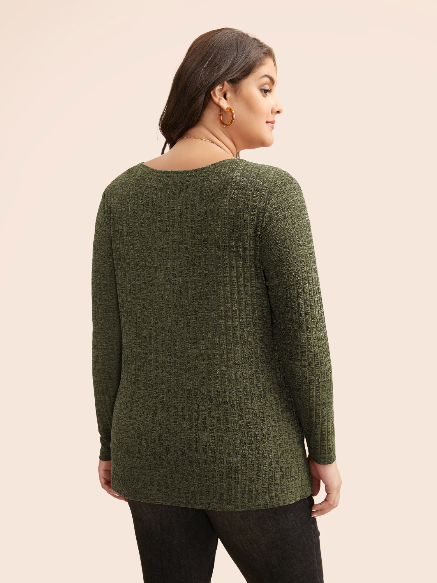 

Plus Size Solid Rib Knit Wrap Jersey Top ArmyGreen Overlap Collar Extra Long Sleeve Casual Jersey Tops