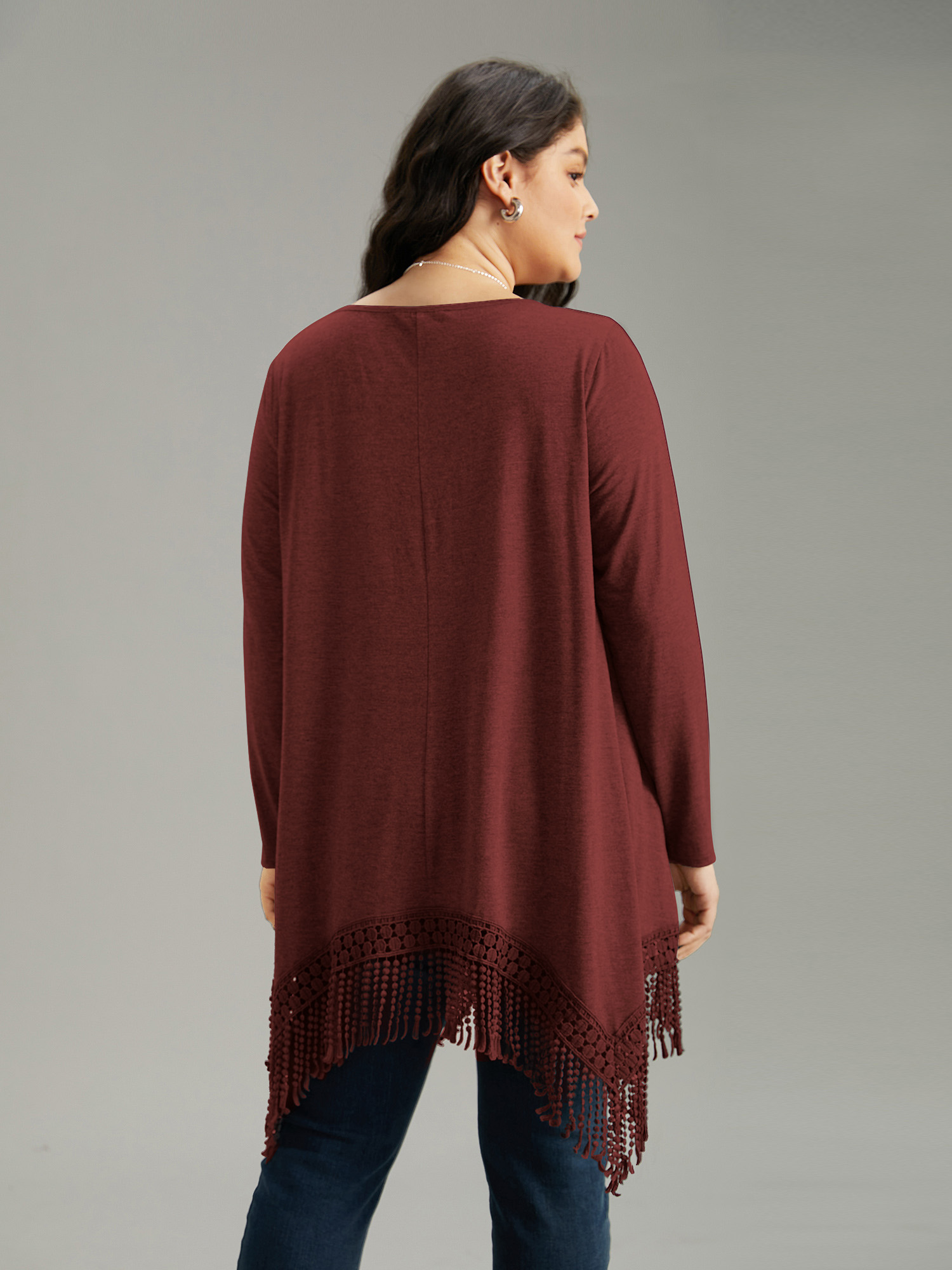 

Plus Size Solid Tassels Trim Pocket Asymmetrical Hem T-shirt Russet Boat Neck Long Sleeve Elegant Jersey Tops