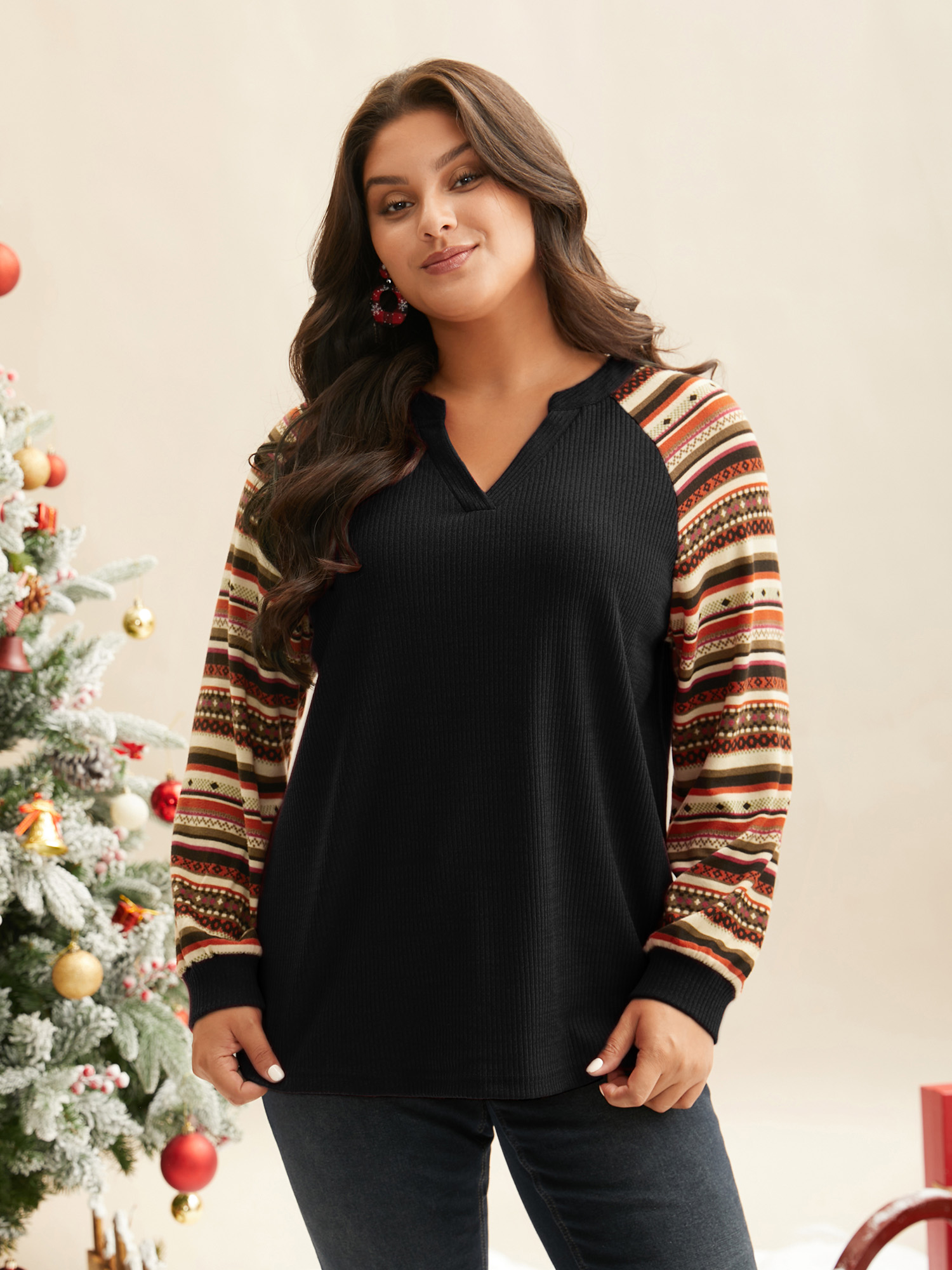 

Plus Size Festive Striped Raglan Sleeves Sweatshirt Women Black Casual Texture Flat collar with V-notch Everyday Sweatshirts BloomChic