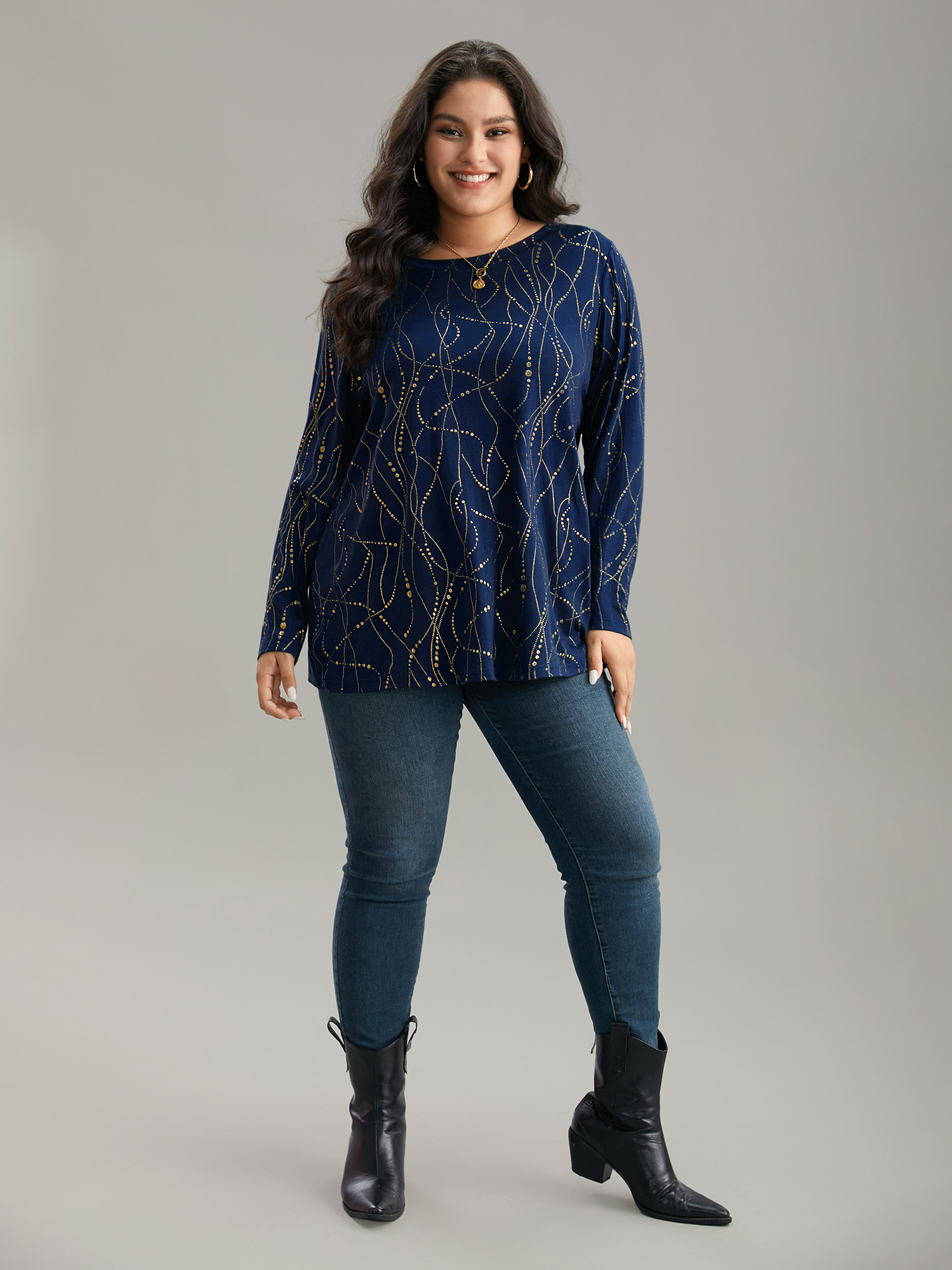 Plus Size Polka Dot Contrast Round Neck T-shirt DarkBlue Women Casual Contrast Polka Dot Round Neck Dailywear T-shirts BloomChic 30/6X 