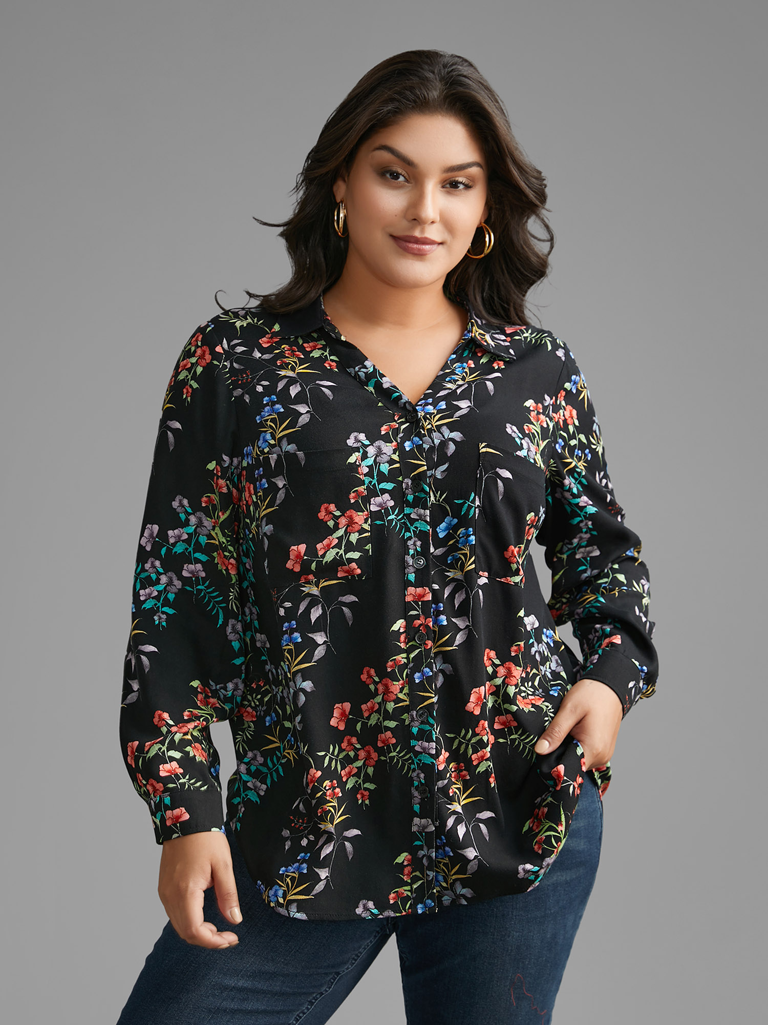 

Plus Size Black Shirt Collar Floral Patched Pocket Blouse Women Elegant Long Sleeve Shirt collar Everyday Blouses BloomChic