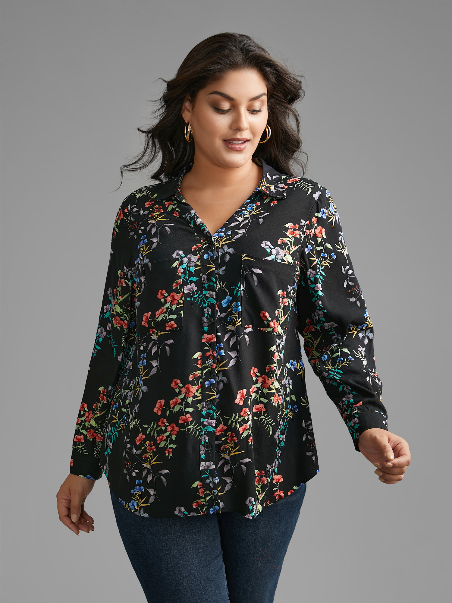 

Plus Size Black Shirt Collar Floral Patched Pocket Blouse Women Elegant Long Sleeve Shirt collar Everyday Blouses BloomChic