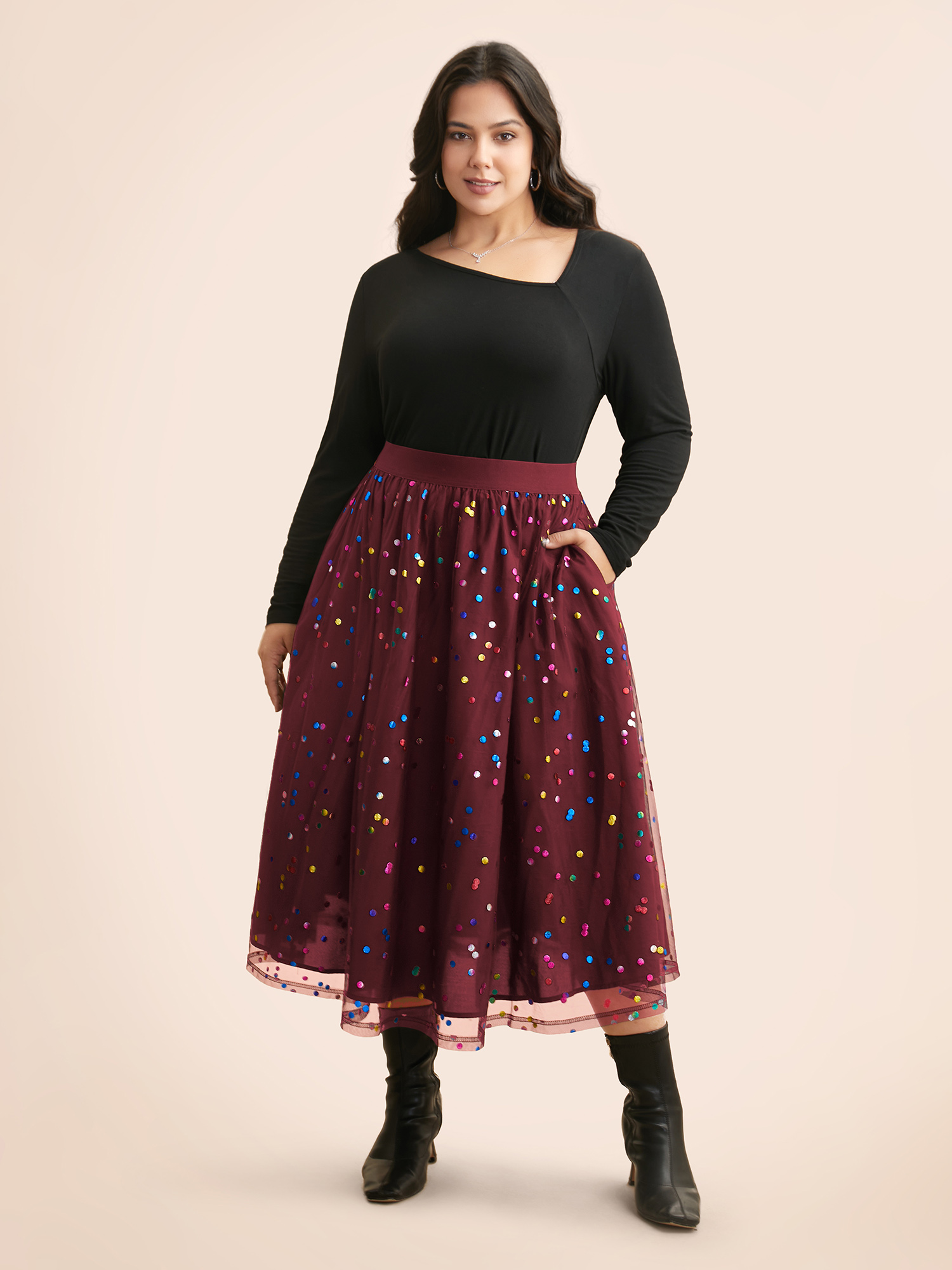 

Plus Size Sequin Polka Dot Tiered Mesh Skirt Women Burgundy Cocktail Tiered Loose No stretch Side seam pocket Party Skirts BloomChic