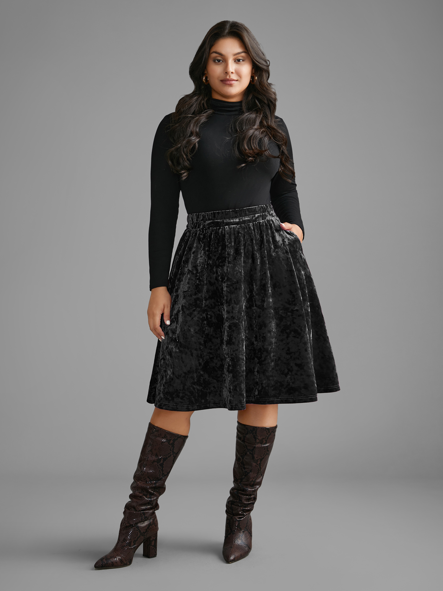 Plus Size Velvet Elastic Waist Skirt Women Black Elegant Loose Medium stretch Slanted pocket Everyday Skirts BloomChic 10/M 