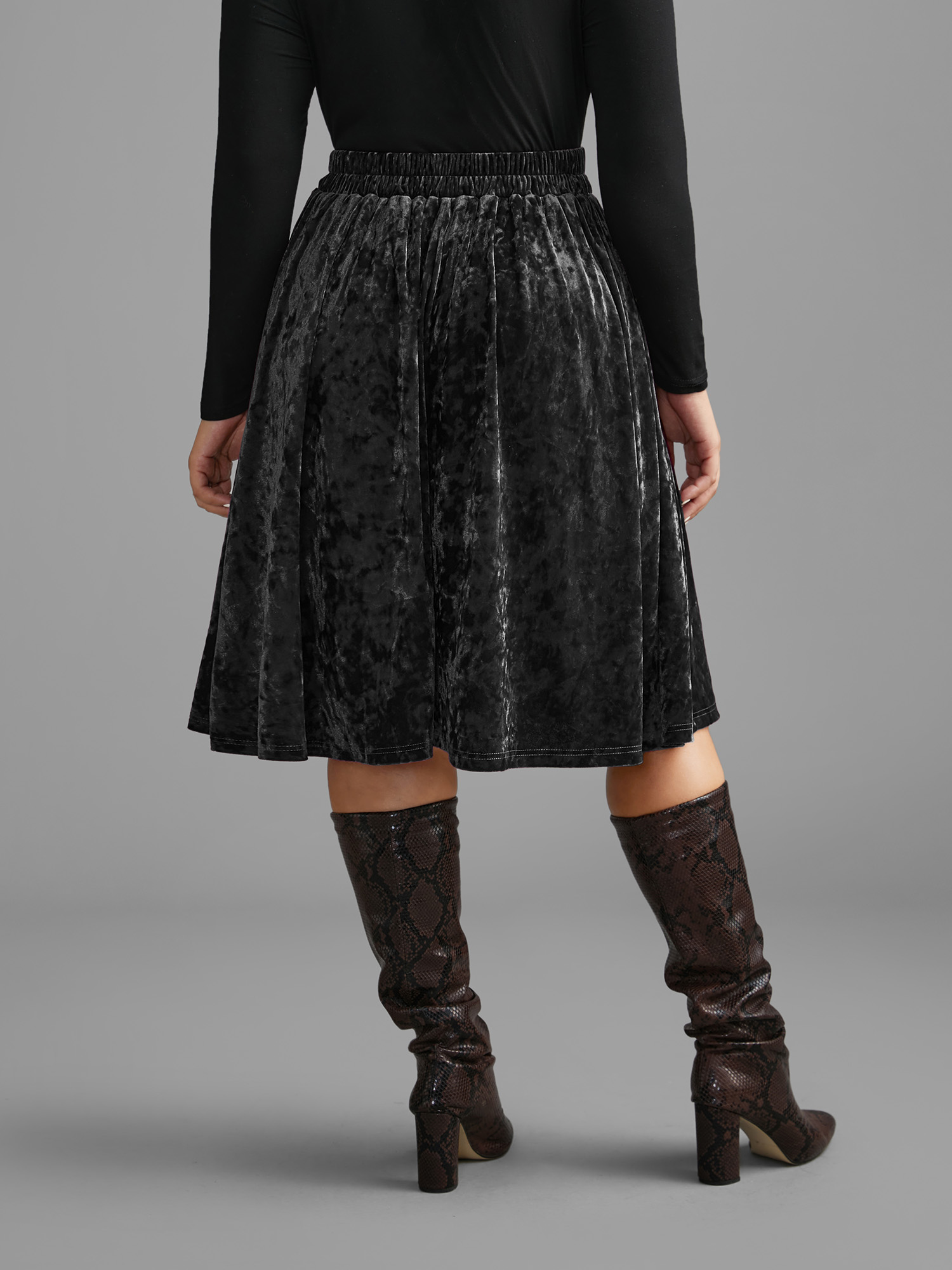 Plus Size Velvet Elastic Waist Skirt Women Black Elegant Loose Medium stretch Slanted pocket Everyday Skirts BloomChic 10/M 