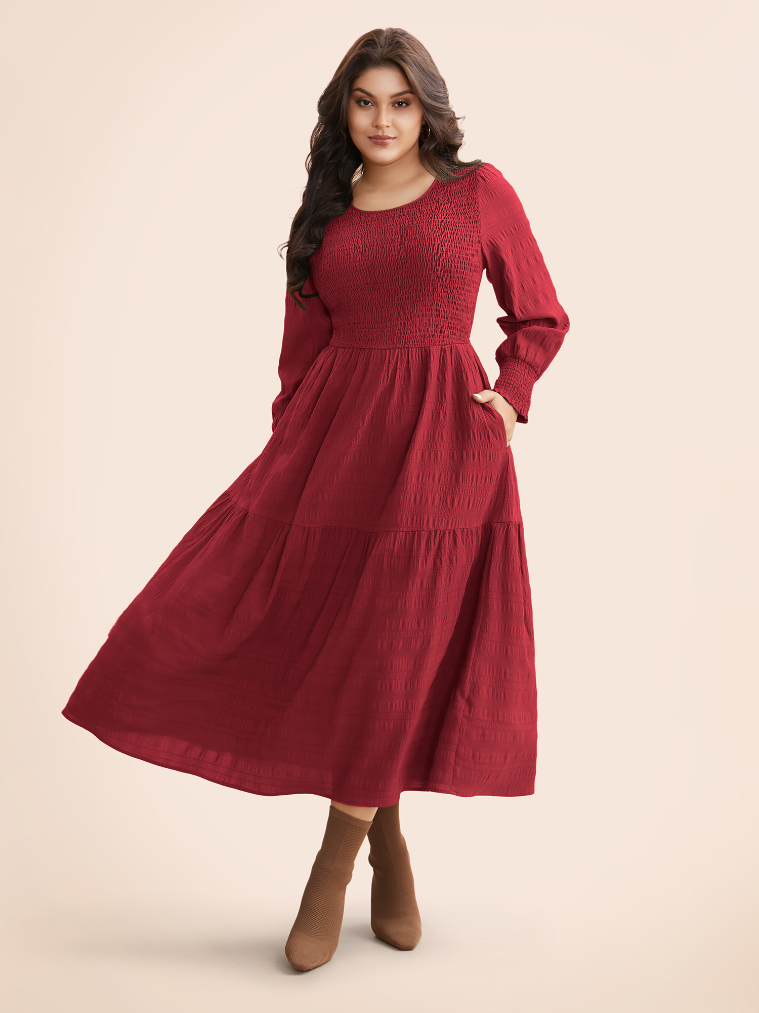 

Plus Size Plain Textured Shirred Midi Dress Burgundy Women Elegant Texture Round Neck Long Sleeve Curvy BloomChic