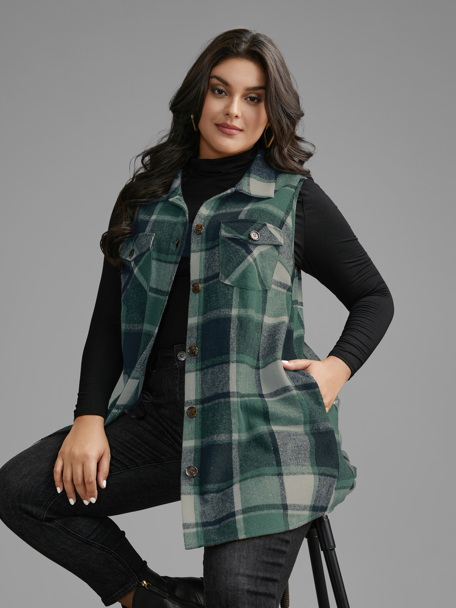 

Plus Size Plaid Flap Detail Sleeveless Jacket Women DarkGreen Button Side seam pocket Everyday Jackets BloomChic