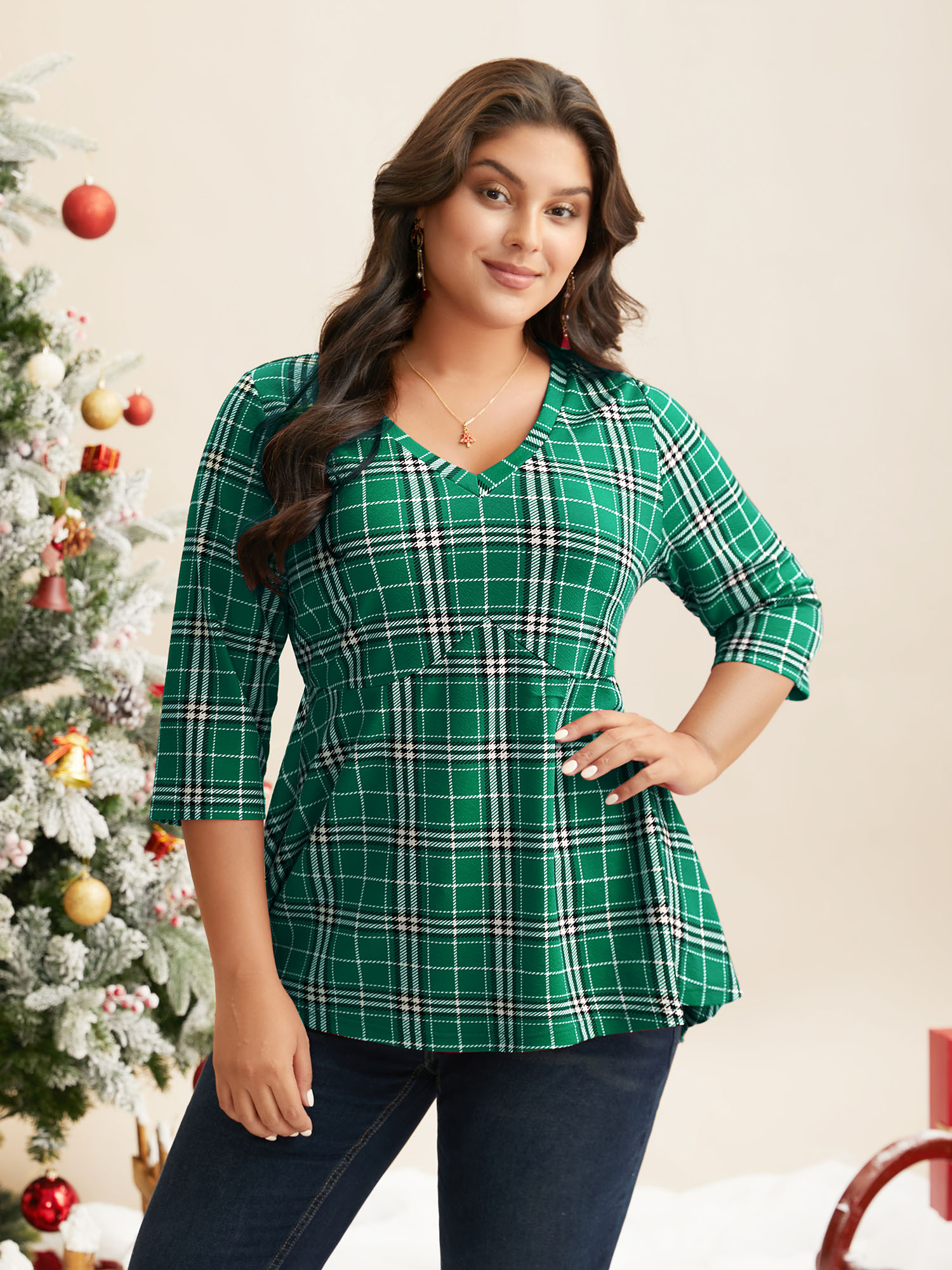 

Plus Size Plaid Quarter-Sleeve Elastic Waist Tee Emerald Women Elegant Non V-neck Bodycon Everyday T-shirts BloomChic