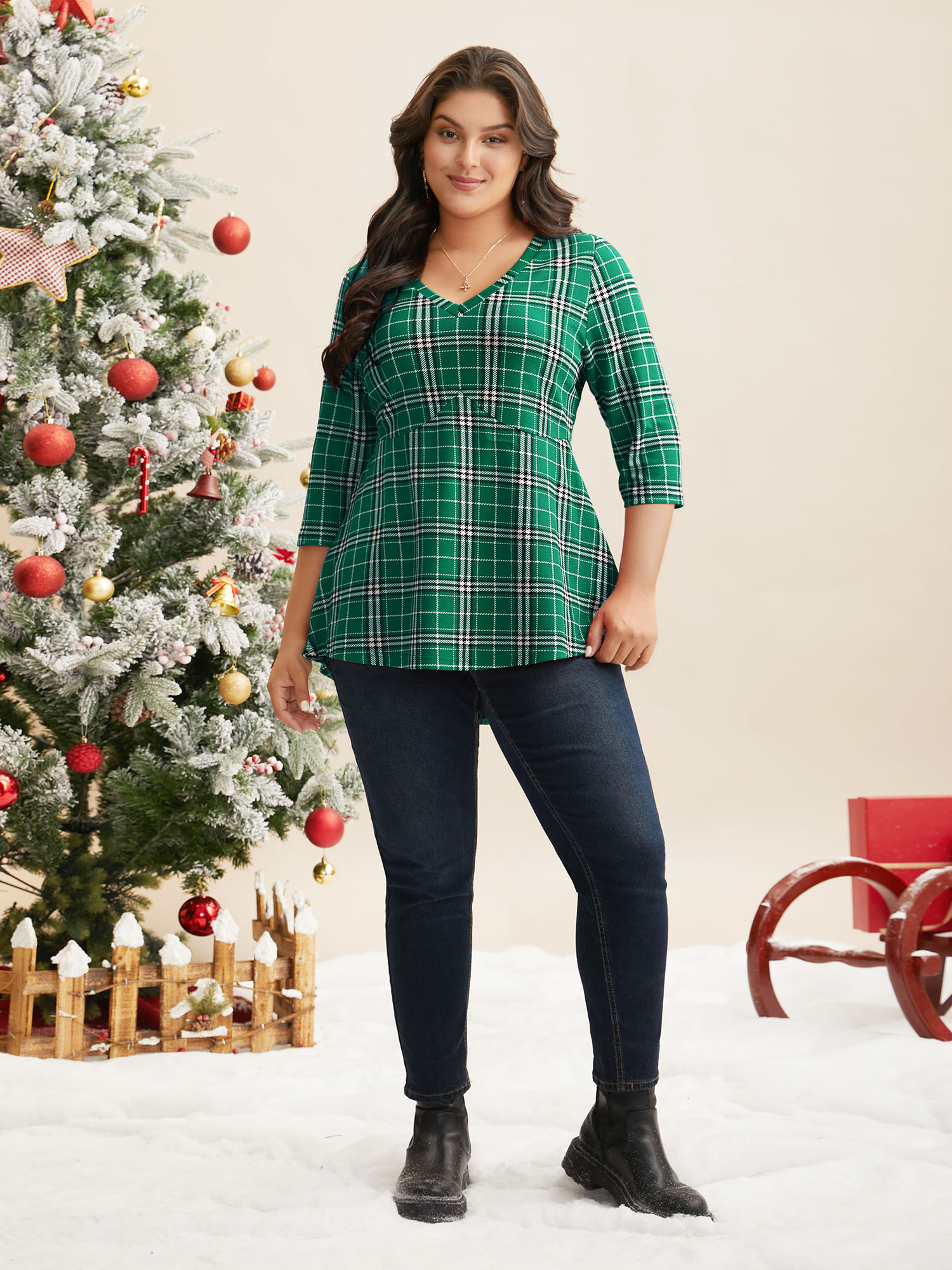 Plus Size Plaid Quarter-Sleeve Elastic Waist Tee Emerald Women Elegant Non V-neck Bodycon Everyday T-shirts BloomChic 22-24/3X 