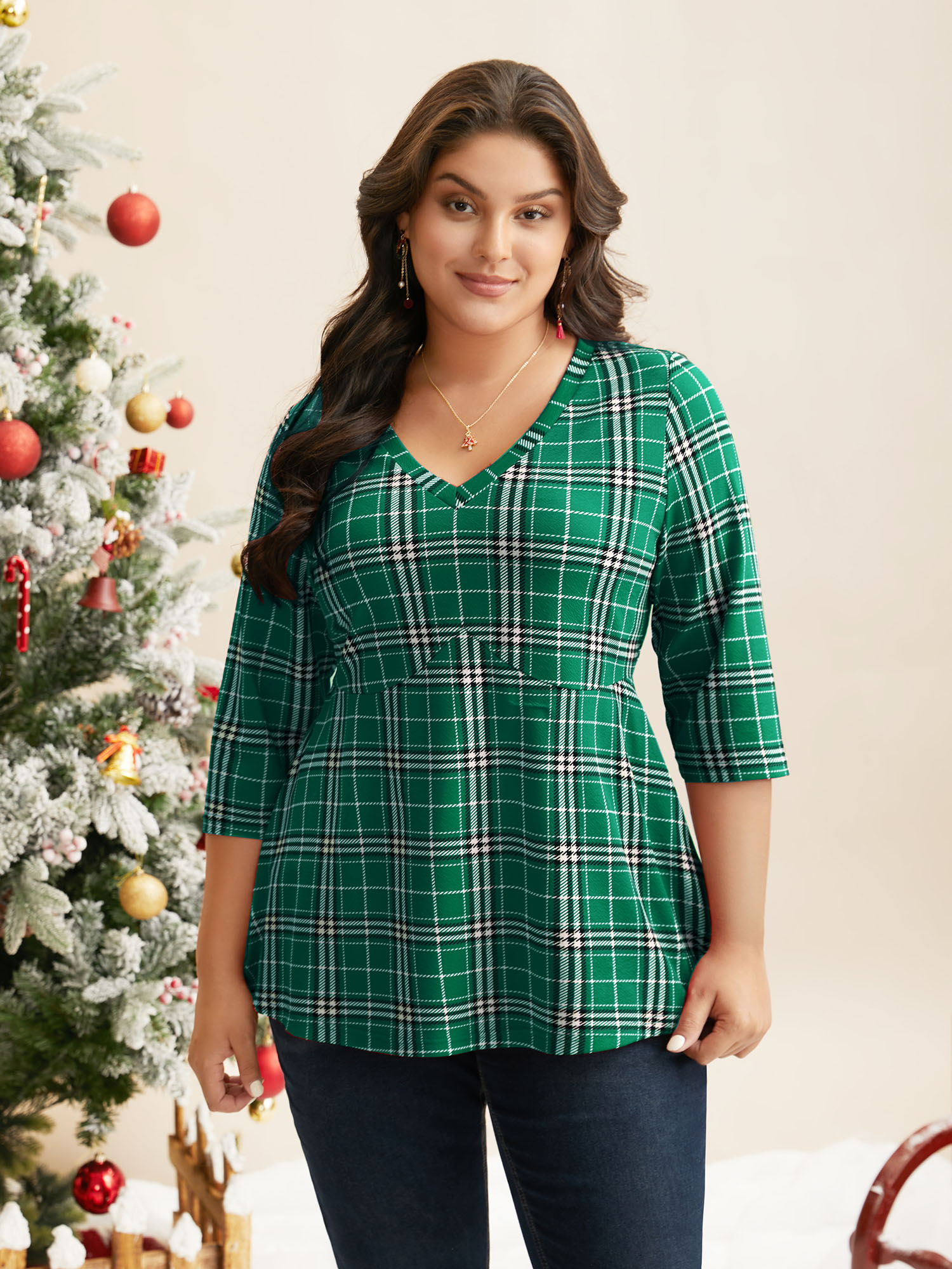 Plus Size Plaid Quarter-Sleeve Elastic Waist Tee Emerald Women Elegant Non V-neck Bodycon Everyday T-shirts BloomChic 22-24/3X 