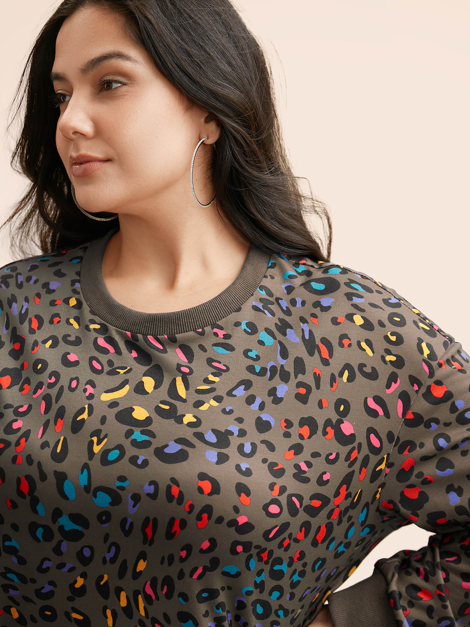 Plus Size Round Neck Color Leopard Print Sweatshirt Women DarkBrown Casual Contrast Round Neck Everyday Sweatshirts BloomChic 30/6X 