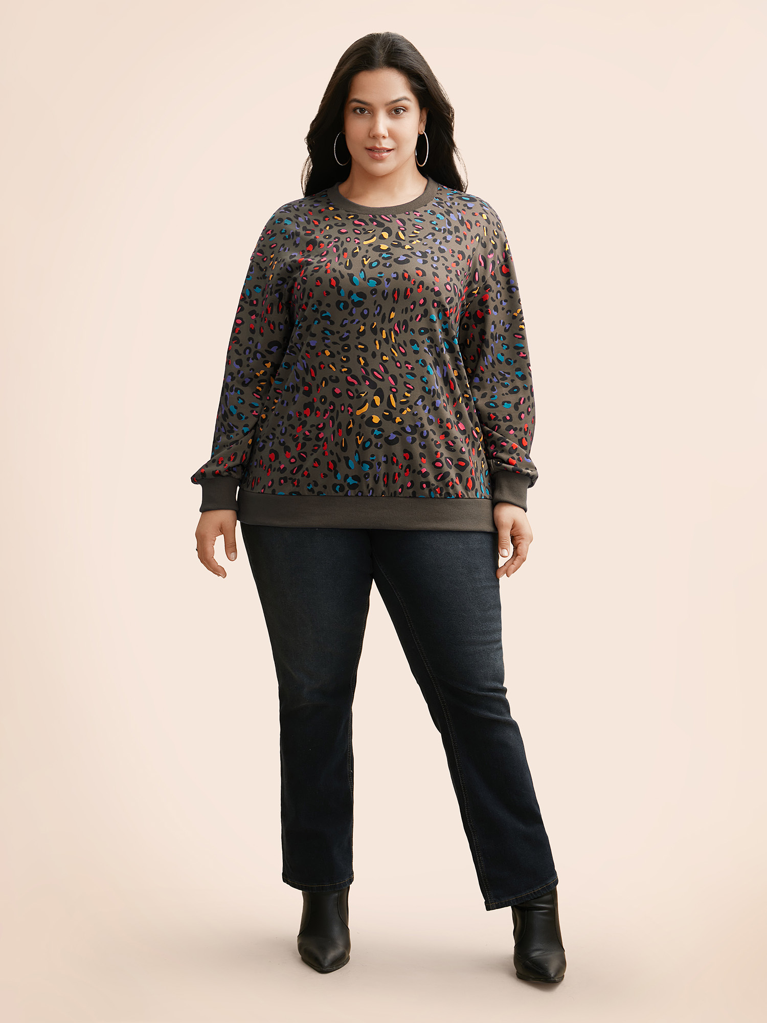 Plus Size Round Neck Color Leopard Print Sweatshirt Women DarkBrown Casual Contrast Round Neck Everyday Sweatshirts BloomChic 30/6X 