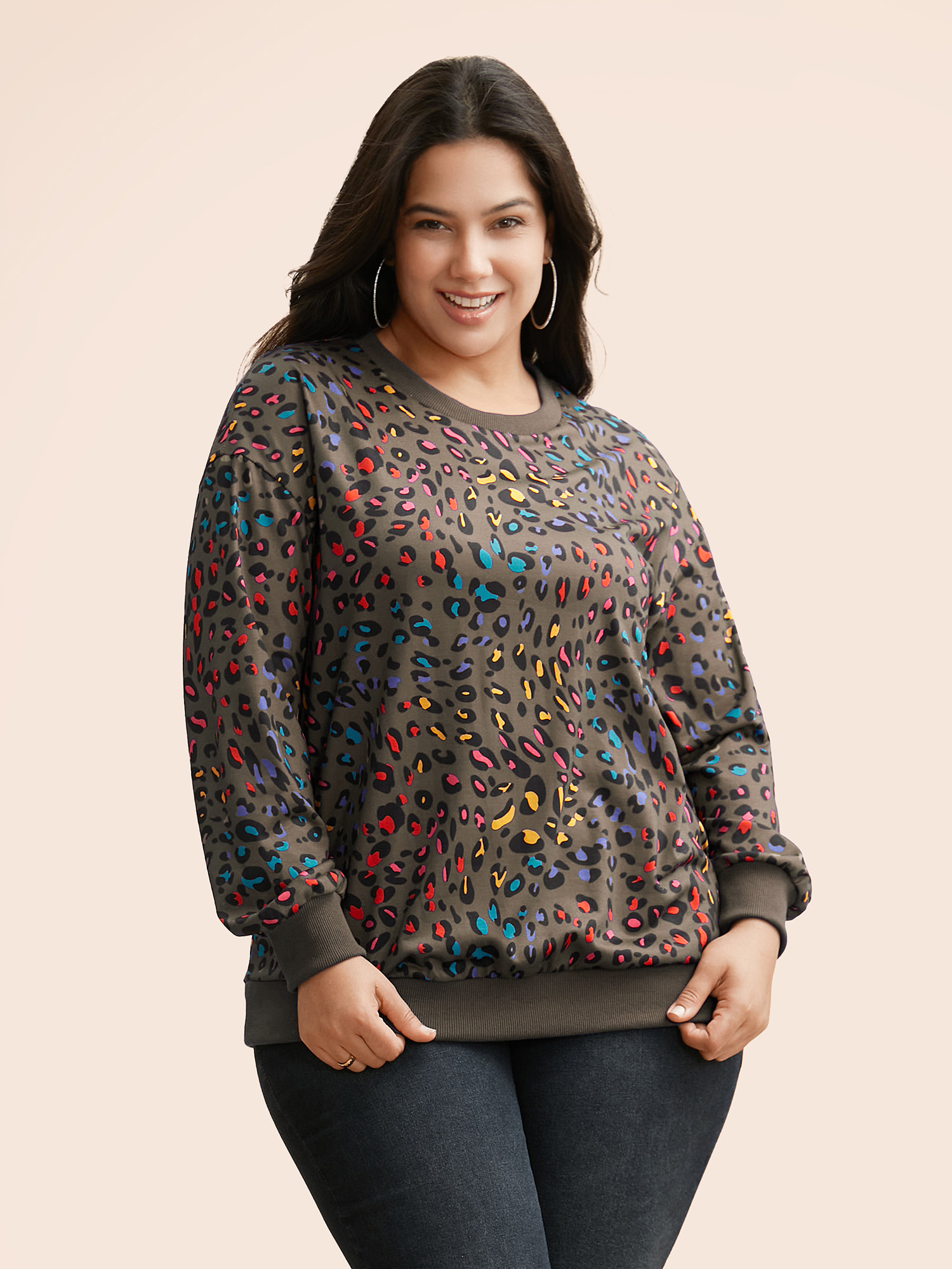 Plus Size Round Neck Color Leopard Print Sweatshirt Women DarkBrown Casual Contrast Round Neck Everyday Sweatshirts BloomChic 30/6X 