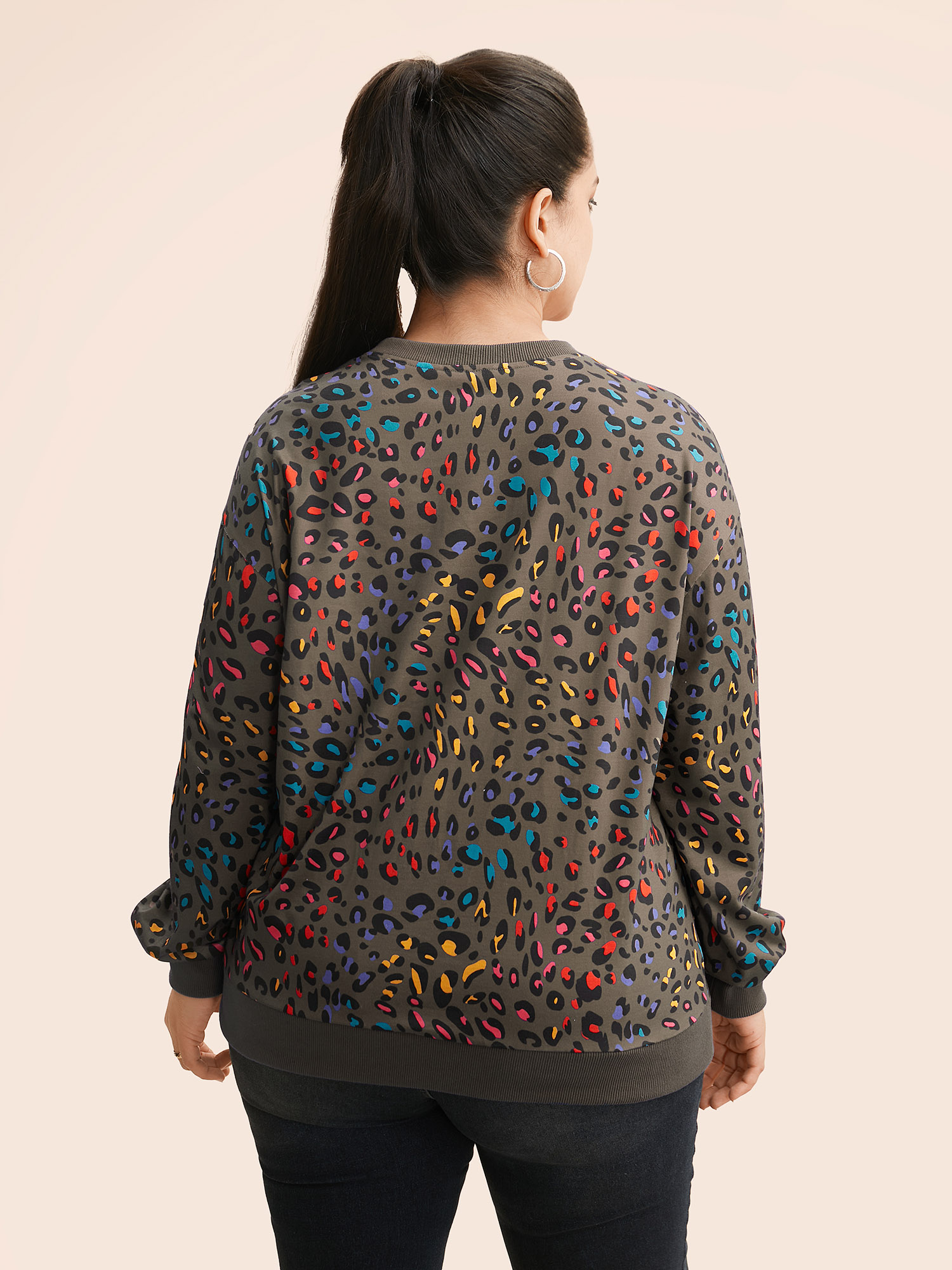 Plus Size Round Neck Color Leopard Print Sweatshirt Women DarkBrown Casual Contrast Round Neck Everyday Sweatshirts BloomChic 30/6X 