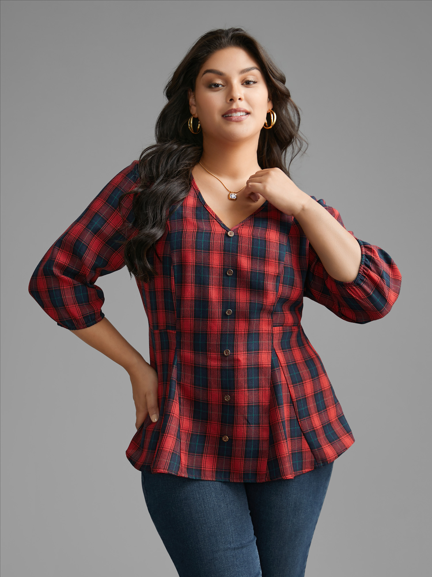 

Plus Size Scarlet Plaid Button Detail Lantern Sleeve Blouse Women Elegant Elbow-length sleeve V-neck Everyday Blouses BloomChic