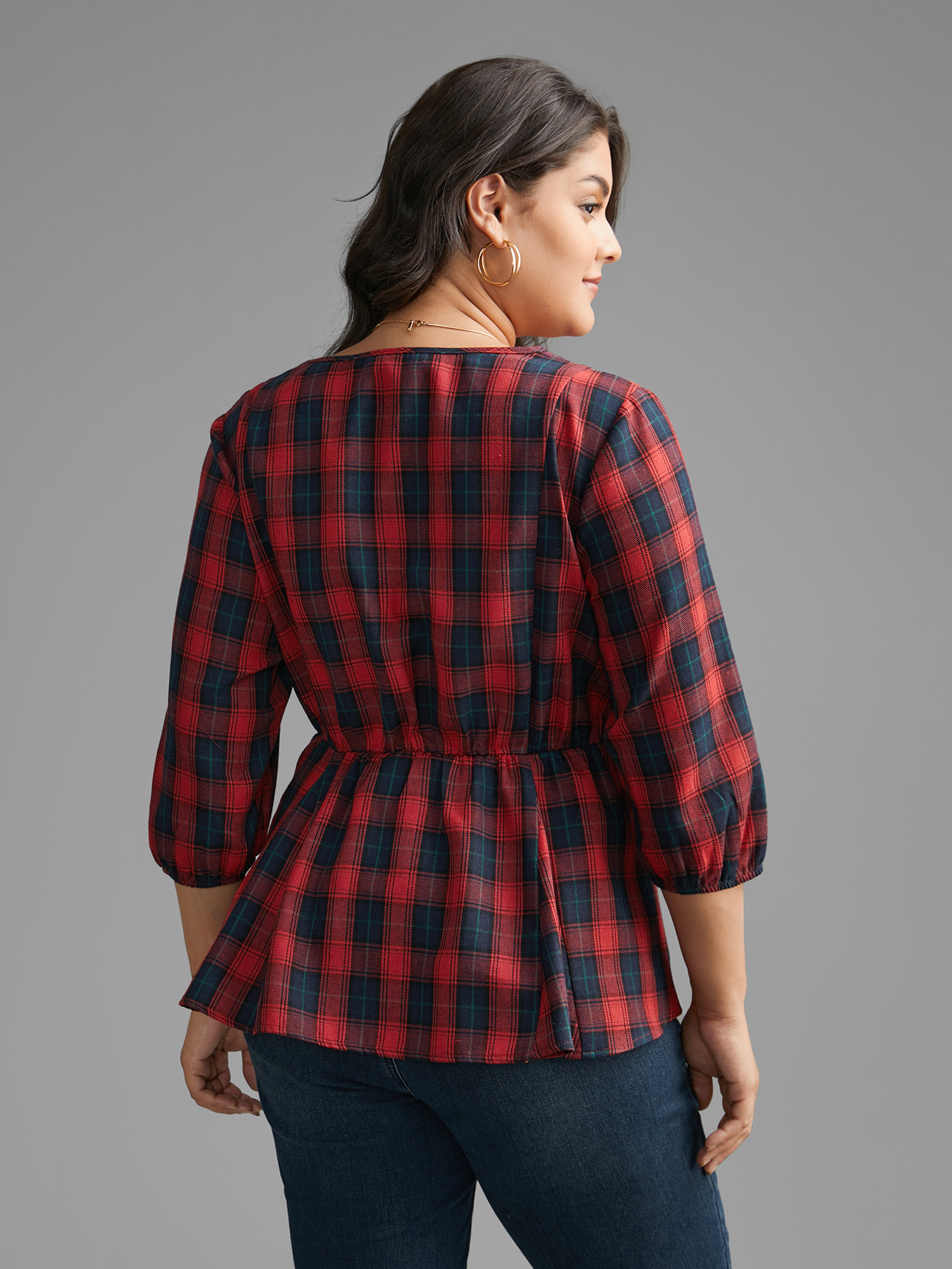 

Plus Size Scarlet Plaid Button Detail Lantern Sleeve Blouse Women Elegant Elbow-length sleeve V-neck Everyday Blouses BloomChic