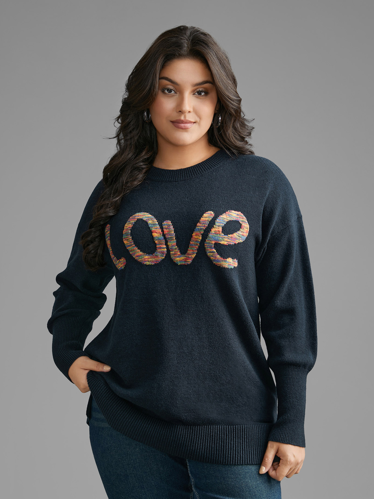 

Plus Size Supersoft Essentials Love Pattern Heather Pullover Indigo Women Casual Loose Long Sleeve Round Neck Everyday Pullovers BloomChic