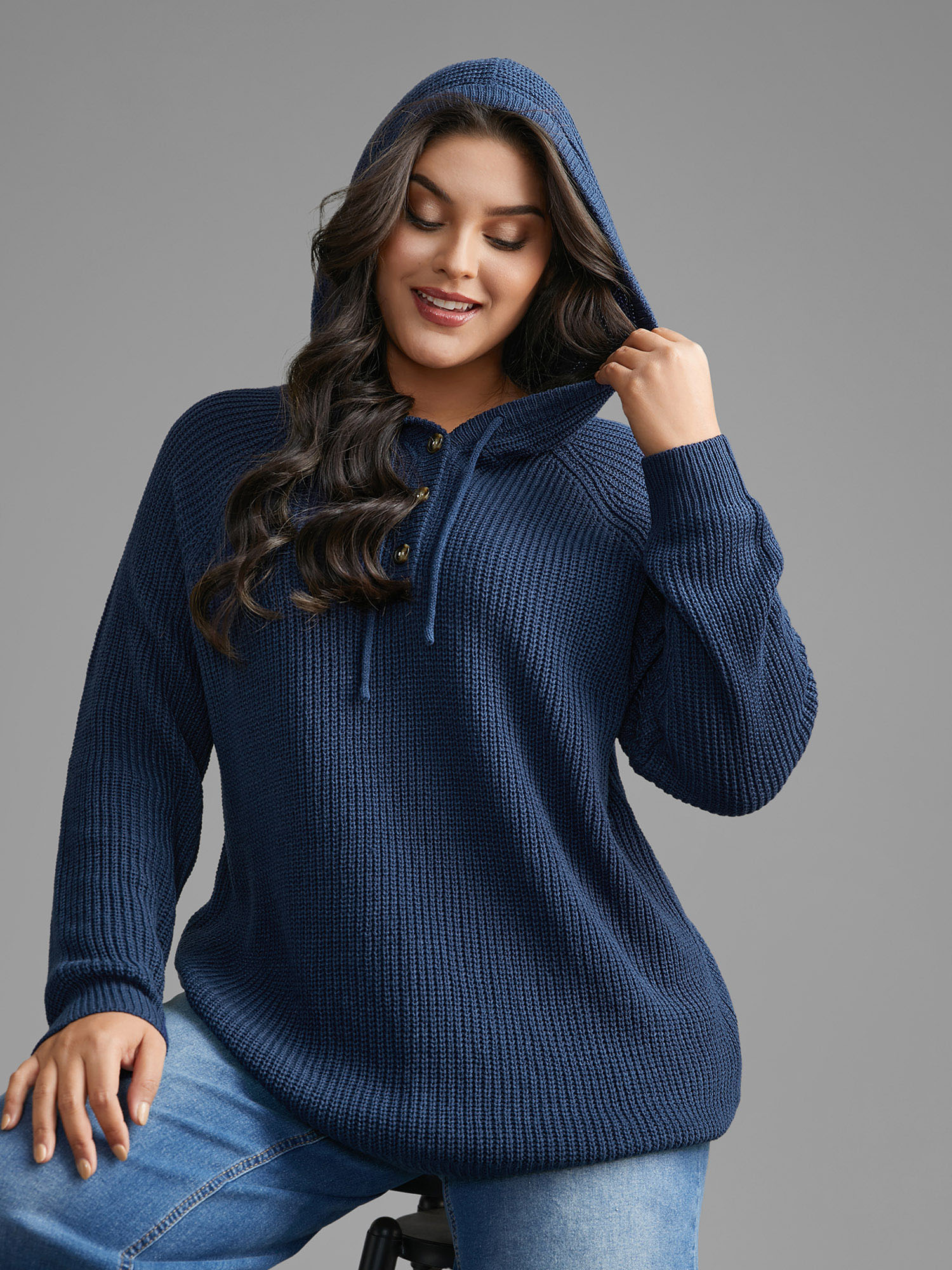 

Plus Size Plain Button Up Hooded Pullover Indigo Women Casual Loose Long Sleeve Hooded Everyday Pullovers BloomChic