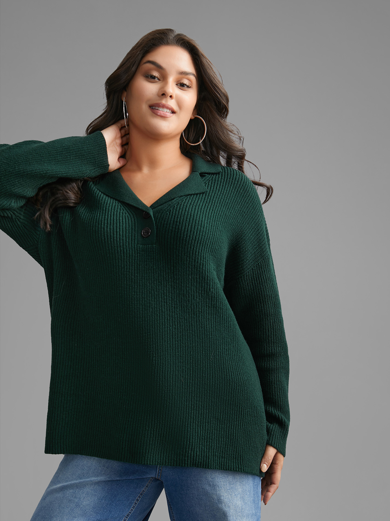 

Plus Size Supersoft Essentials Textured Button Up Pullover DarkGreen Women Casual Loose Long Sleeve Suit Collar Everyday Pullovers BloomChic