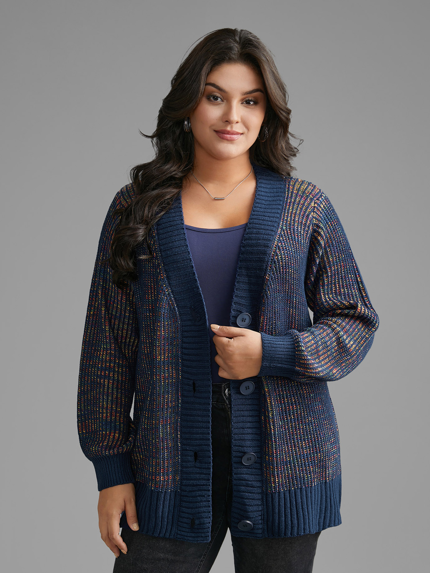 

Plus Size Heather Textured Button Up Cardigan DarkBlue Women Casual Loose Long Sleeve Everyday Cardigans BloomChic