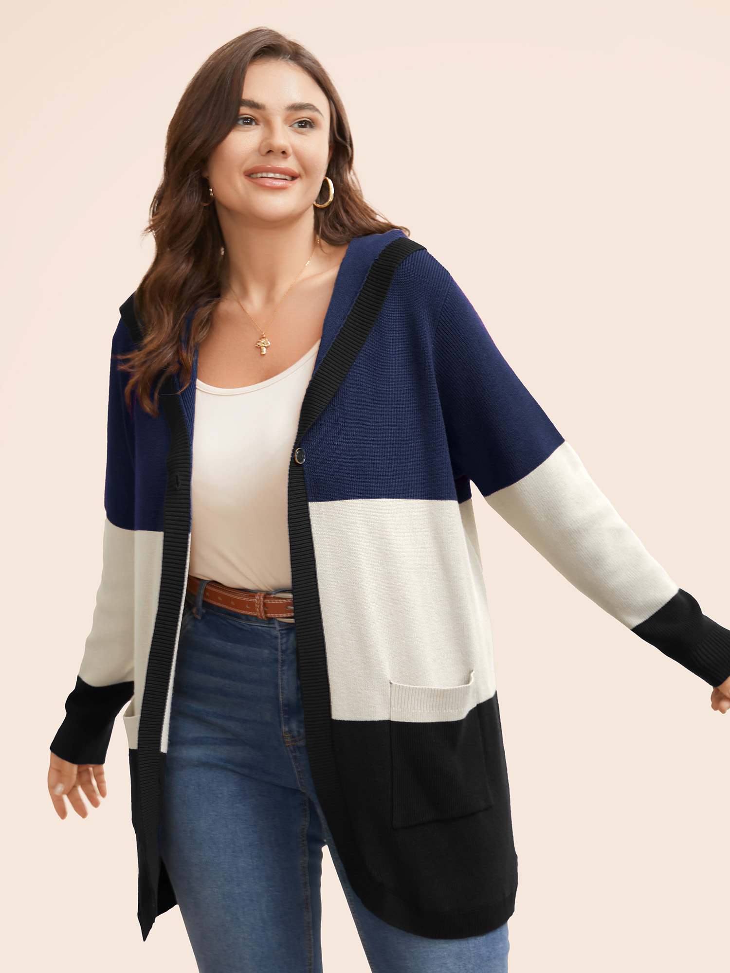 

Plus Size Colorblock Contrast Patched Pocket Hooded Cardigan Navy Women Casual Loose Long Sleeve Everyday Cardigans BloomChic